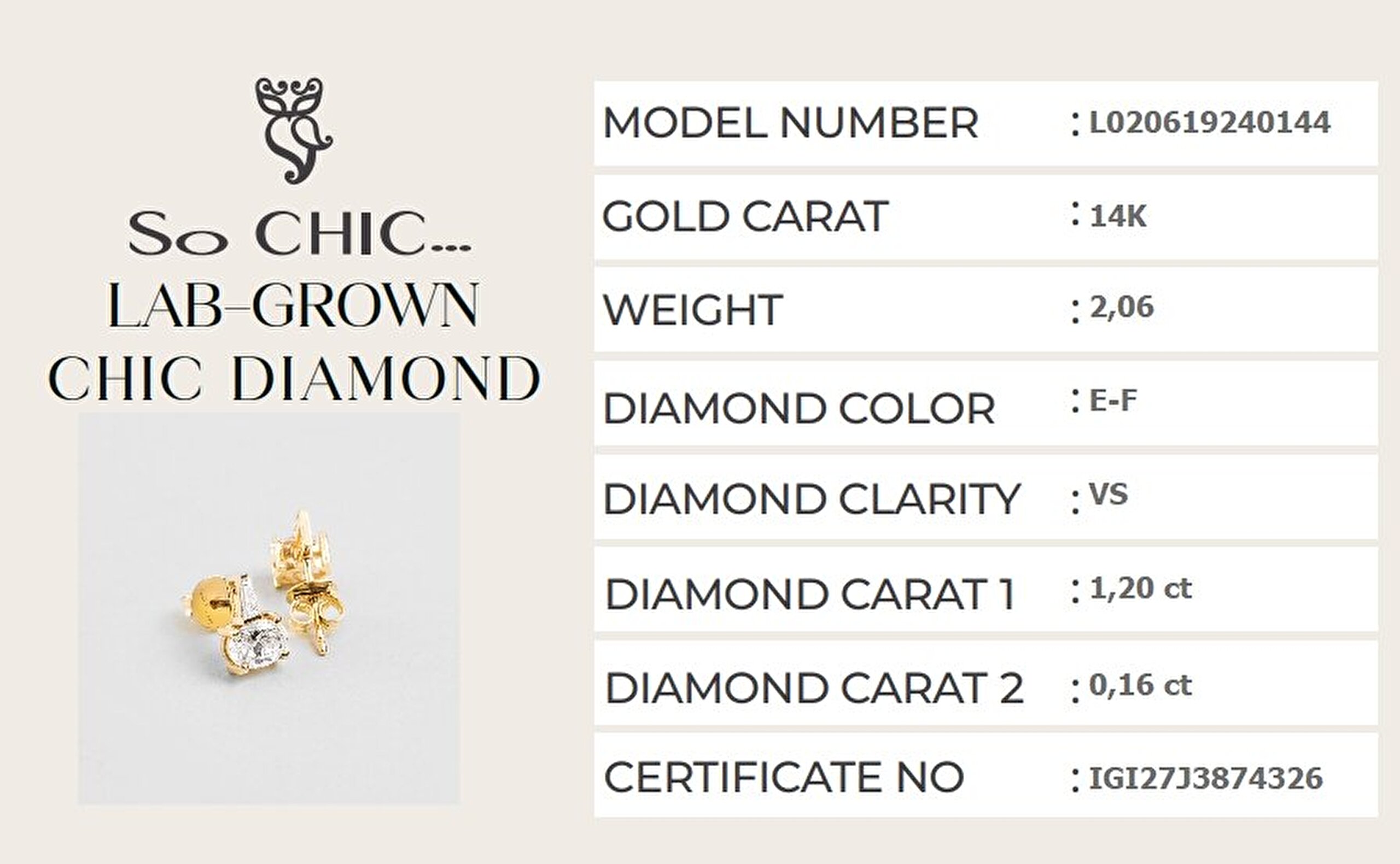 1.36 Karat IGI Sertifikalı 14K Sarı Altın Oval Kesim Lab Grown Pırlanta Küpe - 2