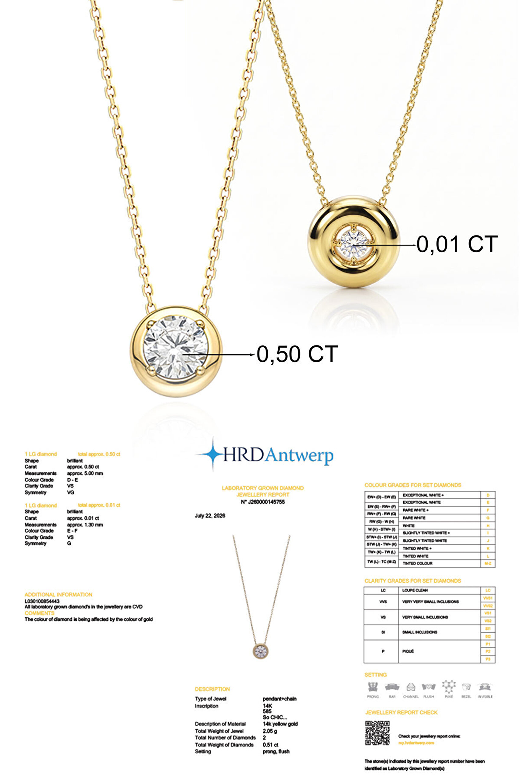 0.51 Karat HRD Sertifikalı Laboratuvar Üretimi Pırlanta Altın 43 Cm Kolye - 2