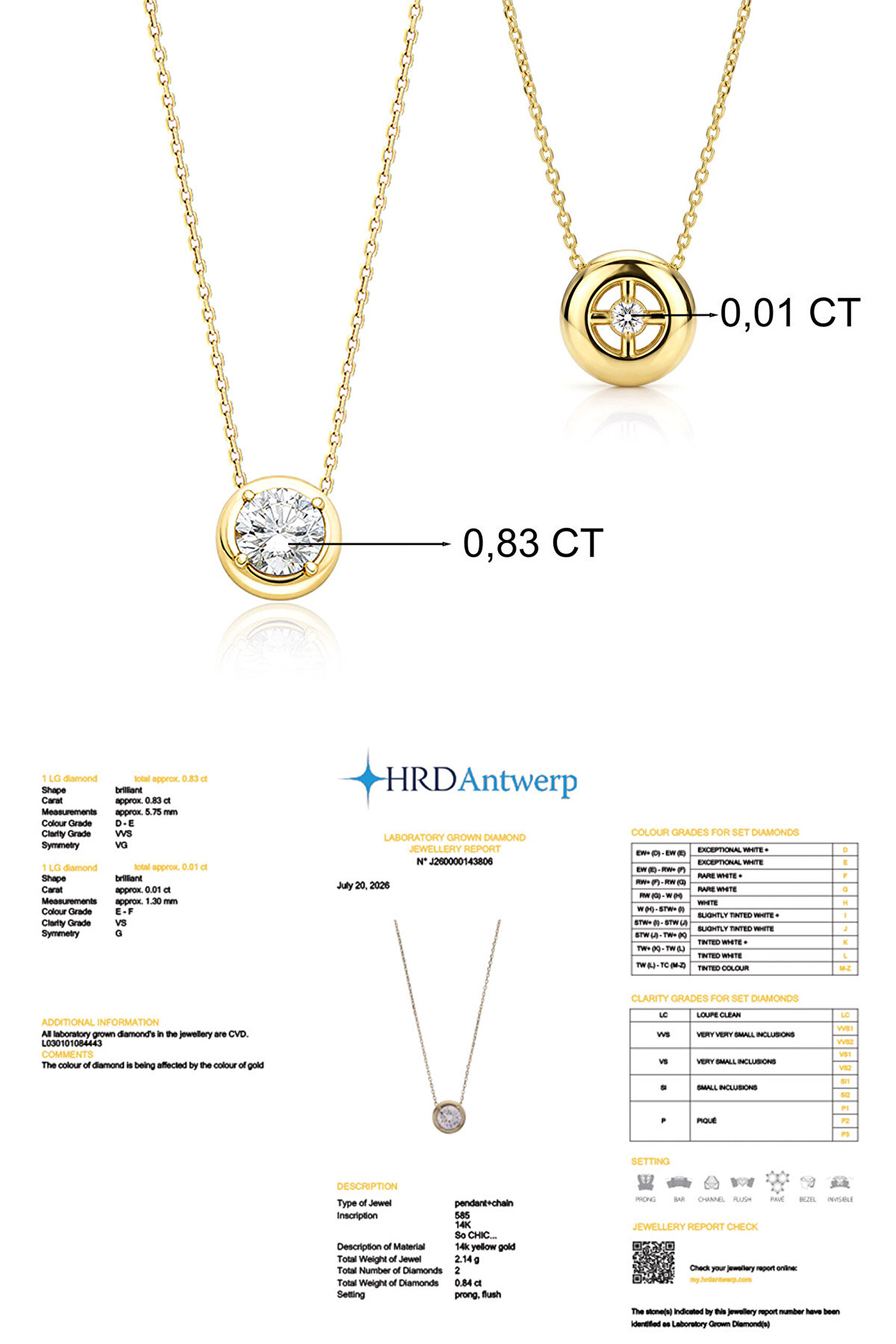 0.84 Karat HRD Sertifikalı Laboratuvar Üretimi Pırlanta Altın 43 Cm Kolye - 2