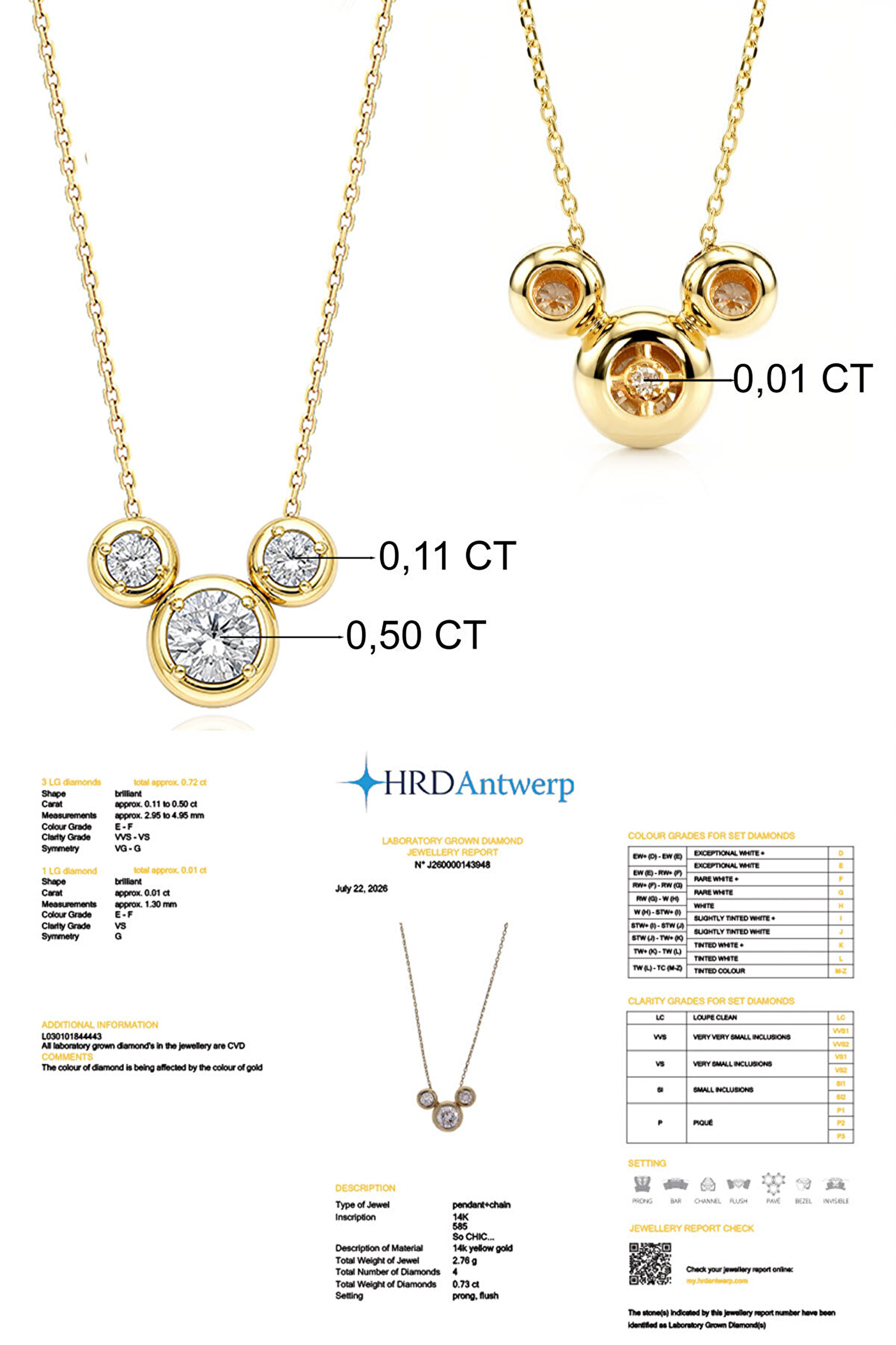 0.73 Karat HRD Sertifikalı Laboratuvar Üretimi Pırlanta Altın 43 Cm Kolye - 2