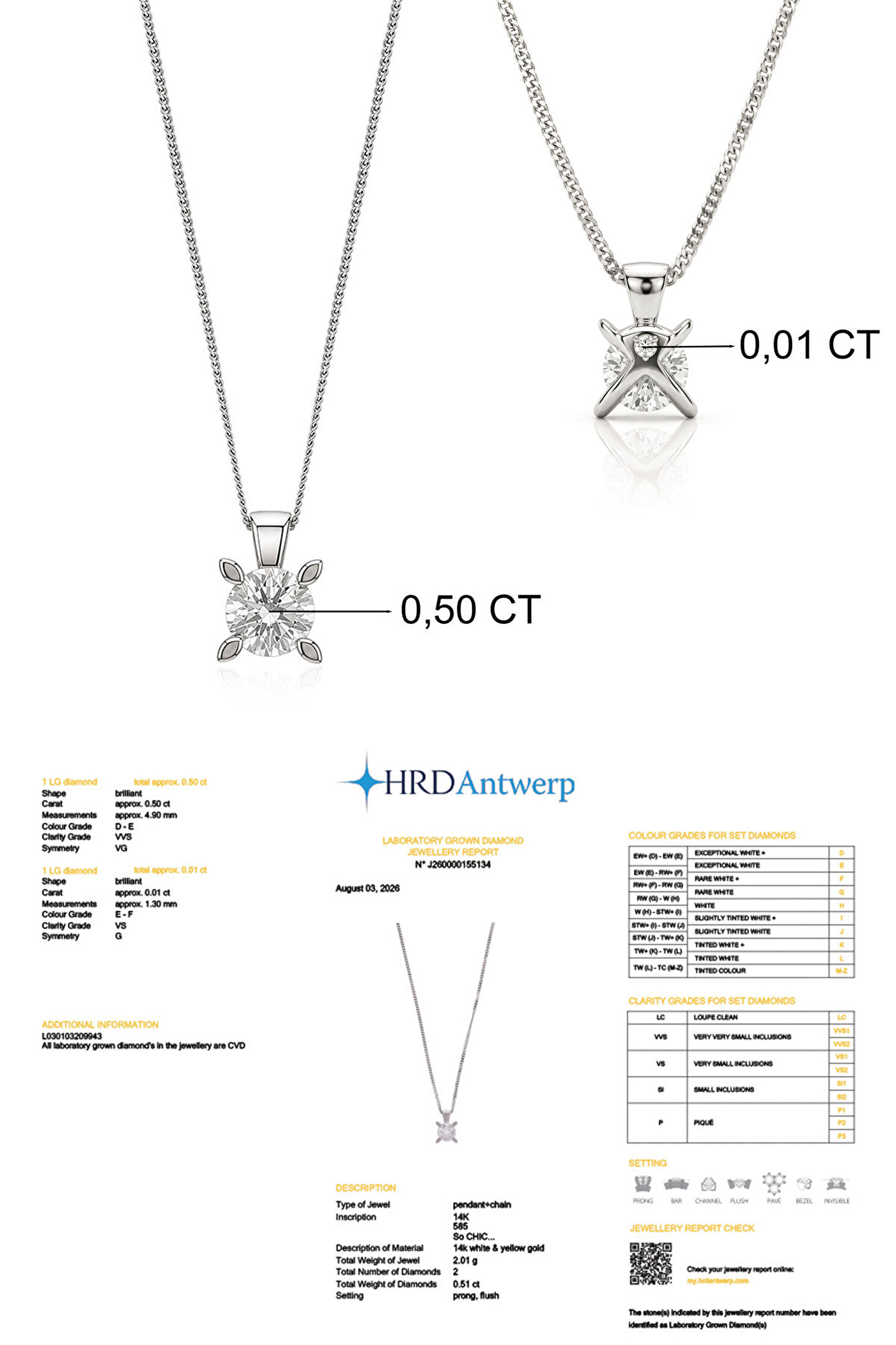 0.51 Karat HRD Sertifikalı Laboratuvar Üretimi Pırlanta Altın 43 Cm Kolye - 2