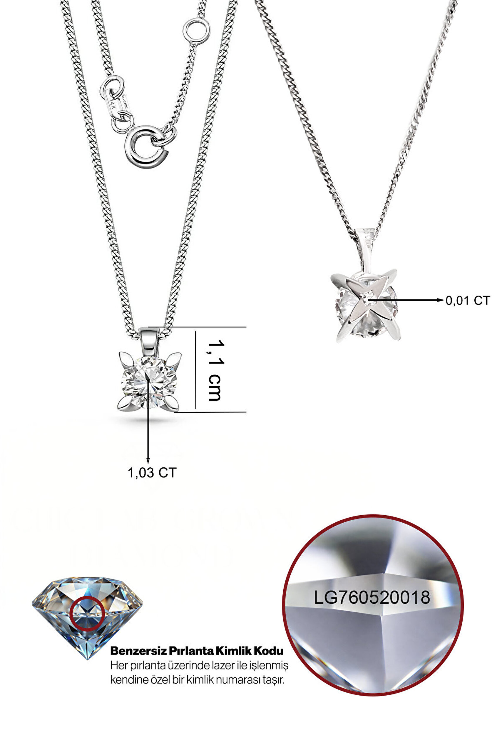 1.04 Karat IGI Sertifikalı 14K Beyaz Altın 43 Cm Yuvarlak Kesim Lab Grown Pırlanta Kolye - 2