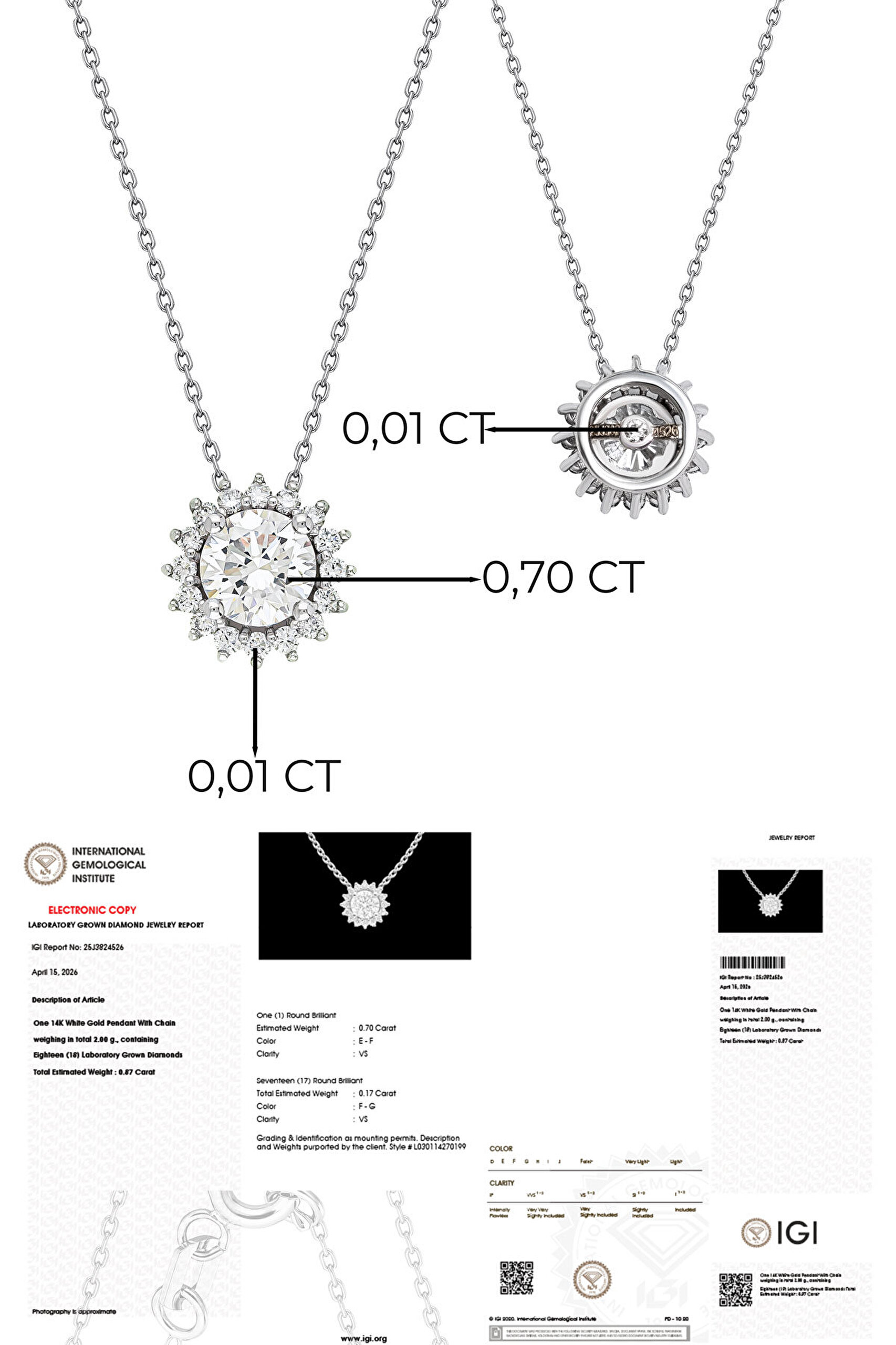 0.87 Karat IGI Sertifikalı 14K Beyaz Altın 43 Cm Yuvarlak Kesim Lab Grown Pırlanta Kolye - 1