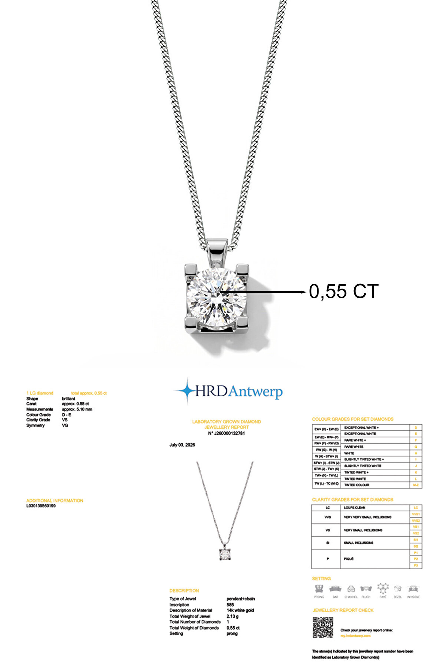 0.55 Karat HRD Sertifikalı Laboratuvar Üretimi Pırlanta Altın 43 Cm Kolye - 2