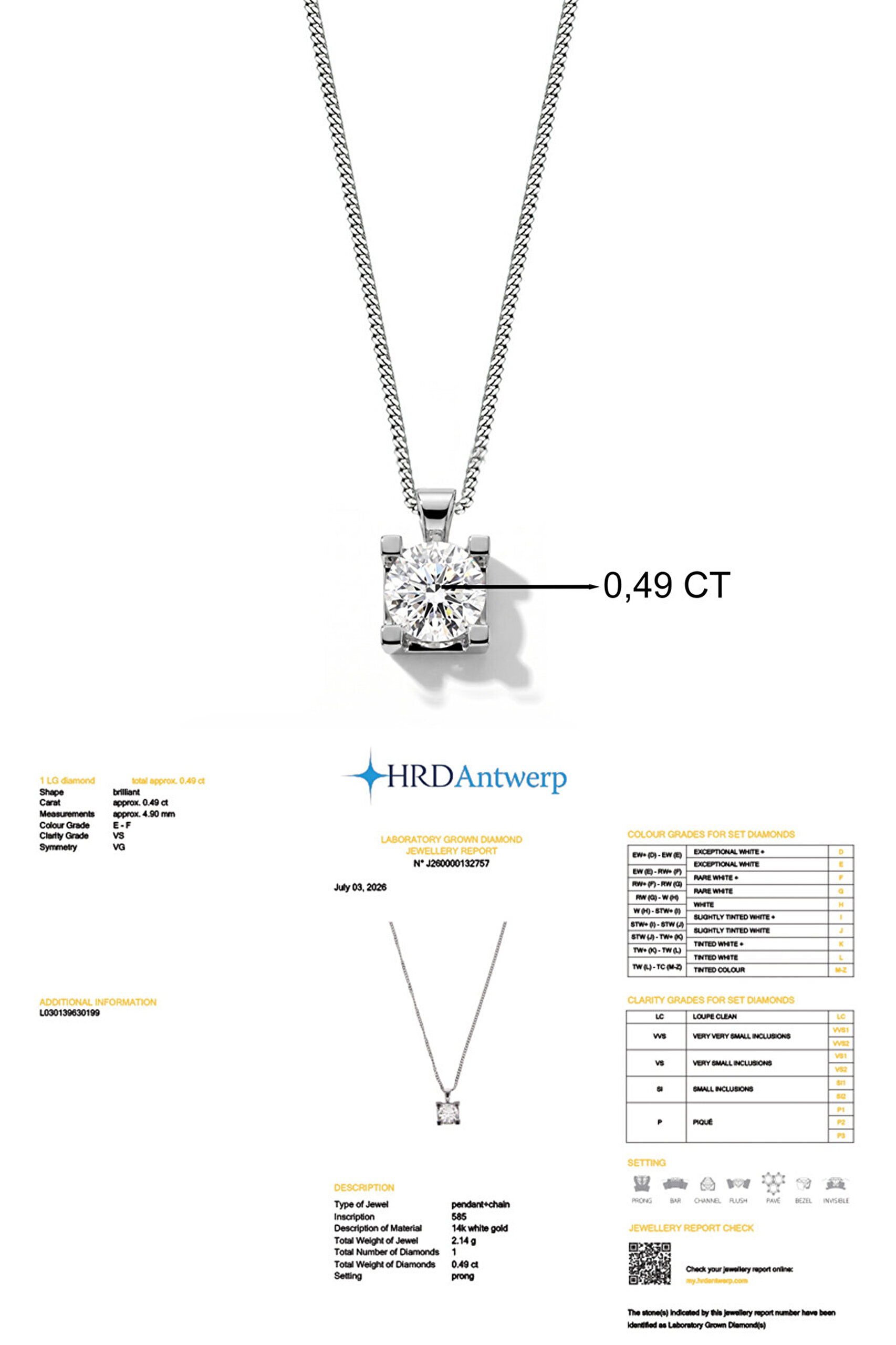0.49 Karat HRD Sertifikalı Laboratuvar Üretimi Pırlanta Altın 43 Cm Kolye - 2