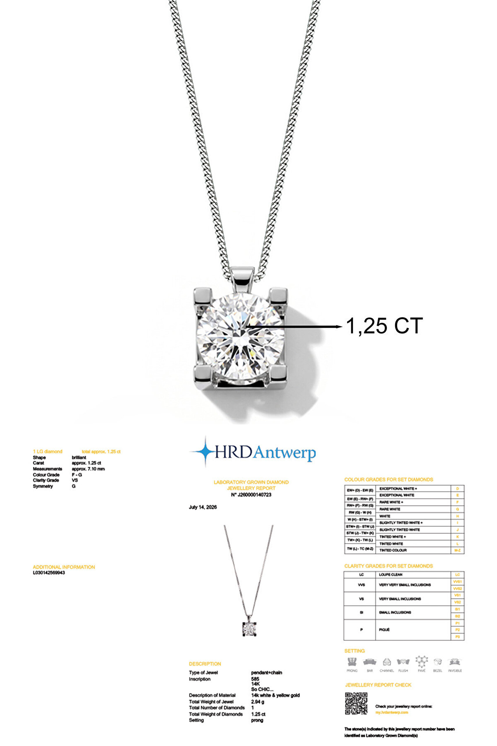 1.25 Karat HRD Sertifikalı Laboratuvar Üretimi Pırlanta Altın 43 Cm Kolye - 2