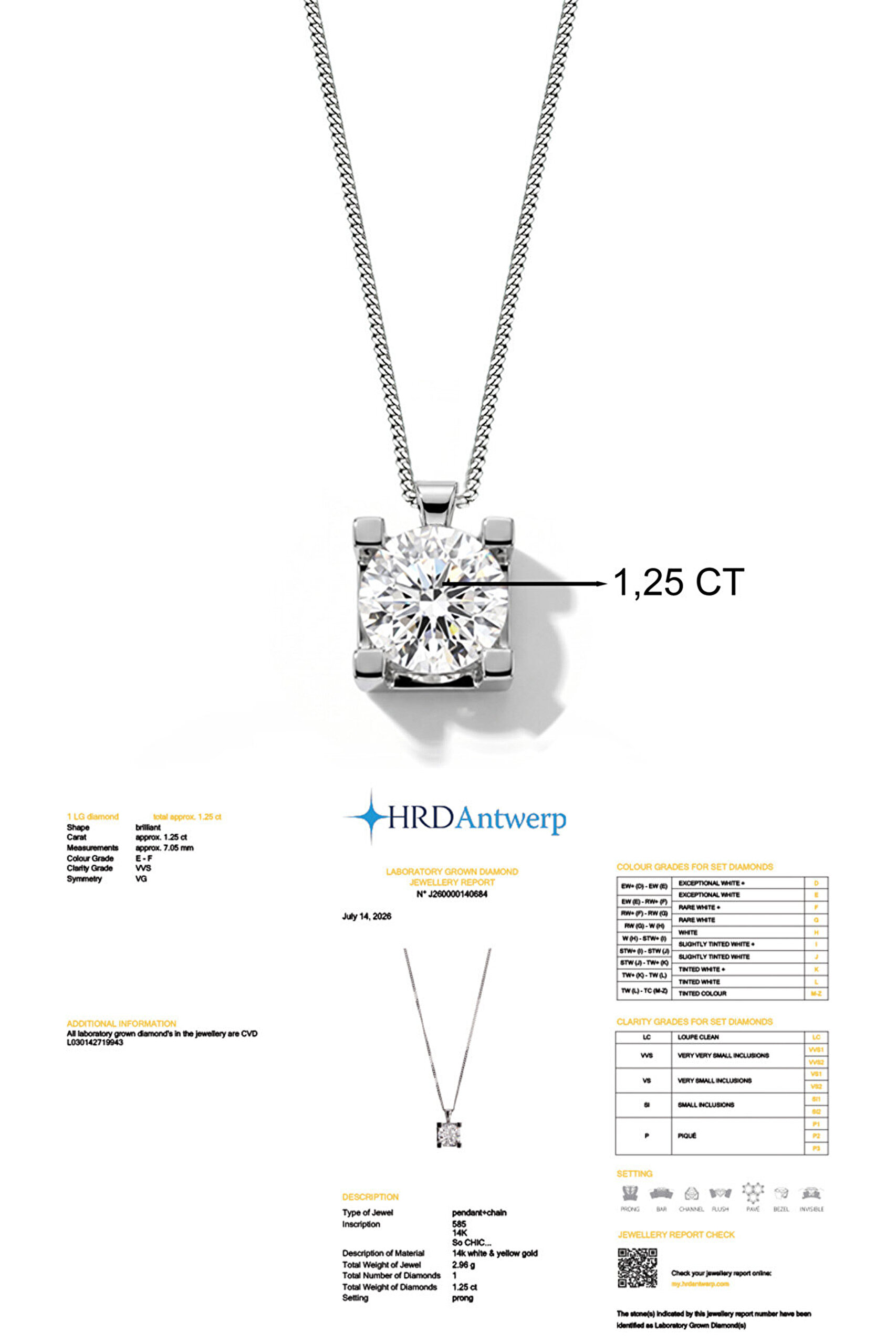 1.25 Karat HRD Sertifikalı Laboratuvar Üretimi Pırlanta Altın 43 Cm Kolye - 2