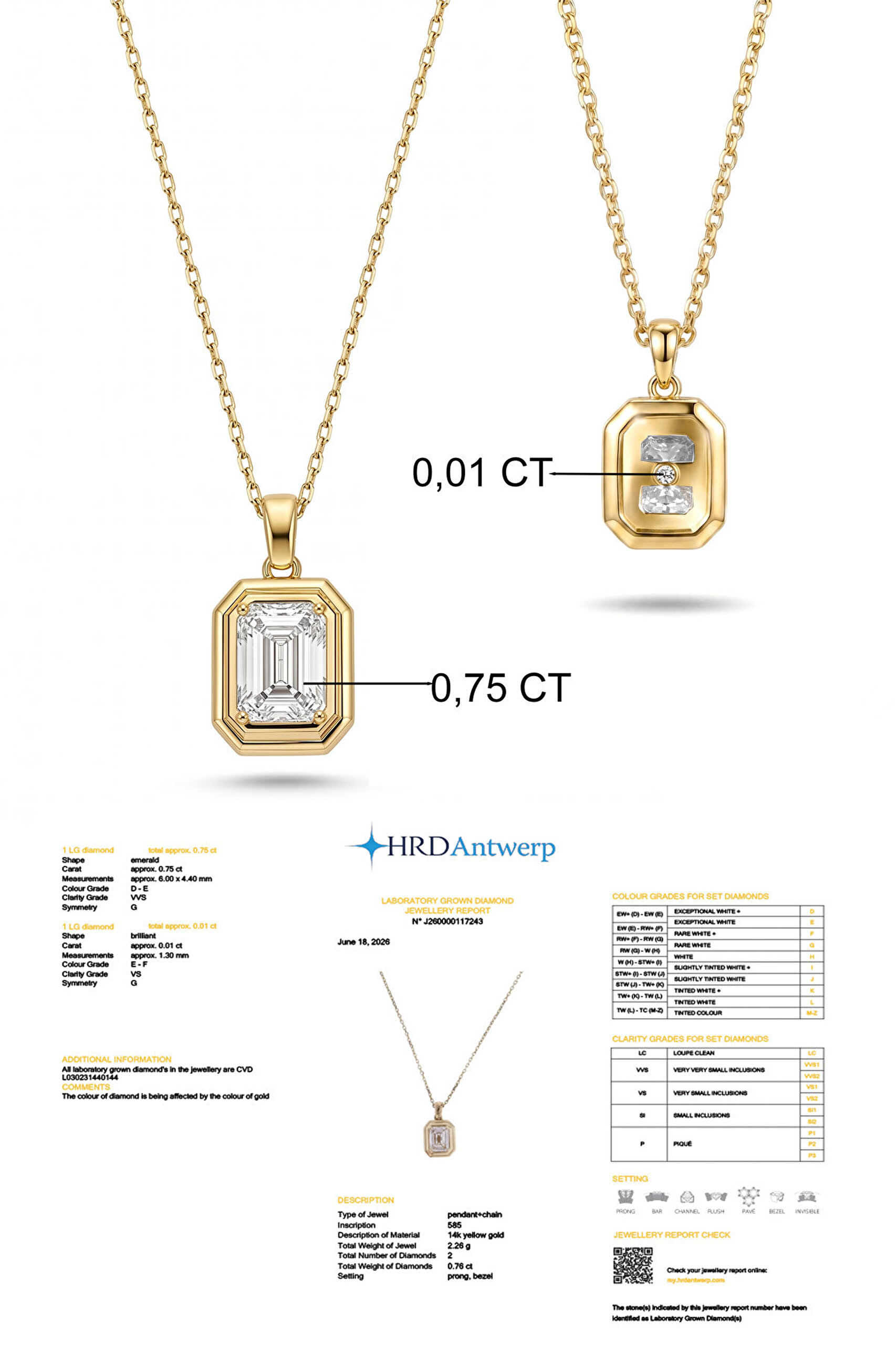 0.76 Karat HRD Sertifikalı Laboratuvar Üretimi Pırlanta Altın 43 Cm Kolye - 2