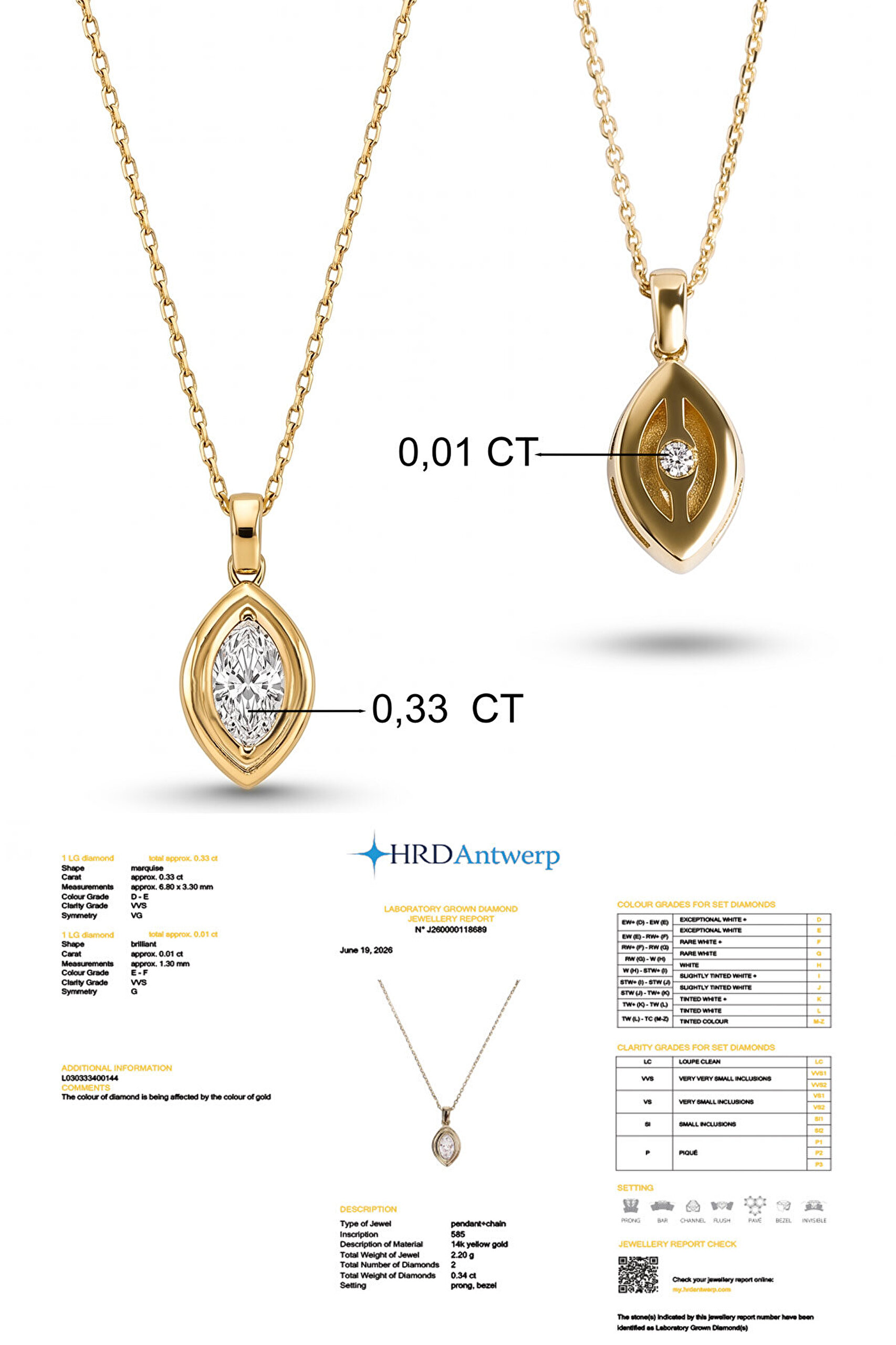 0.34 Karat HRD Sertifikalı Laboratuvar Üretimi Pırlanta Altın 43 Cm Kolye - 2