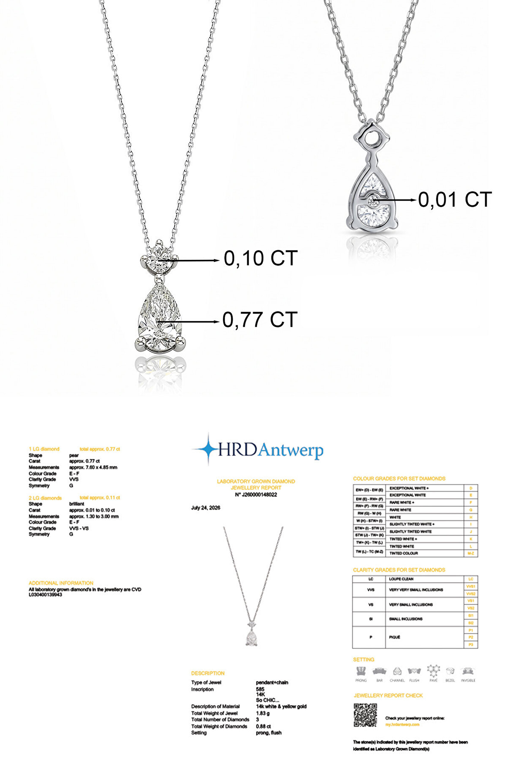 0.88 Karat HRD Sertifikalı Laboratuvar Üretimi Pırlanta Altın 43 Cm Kolye - 2