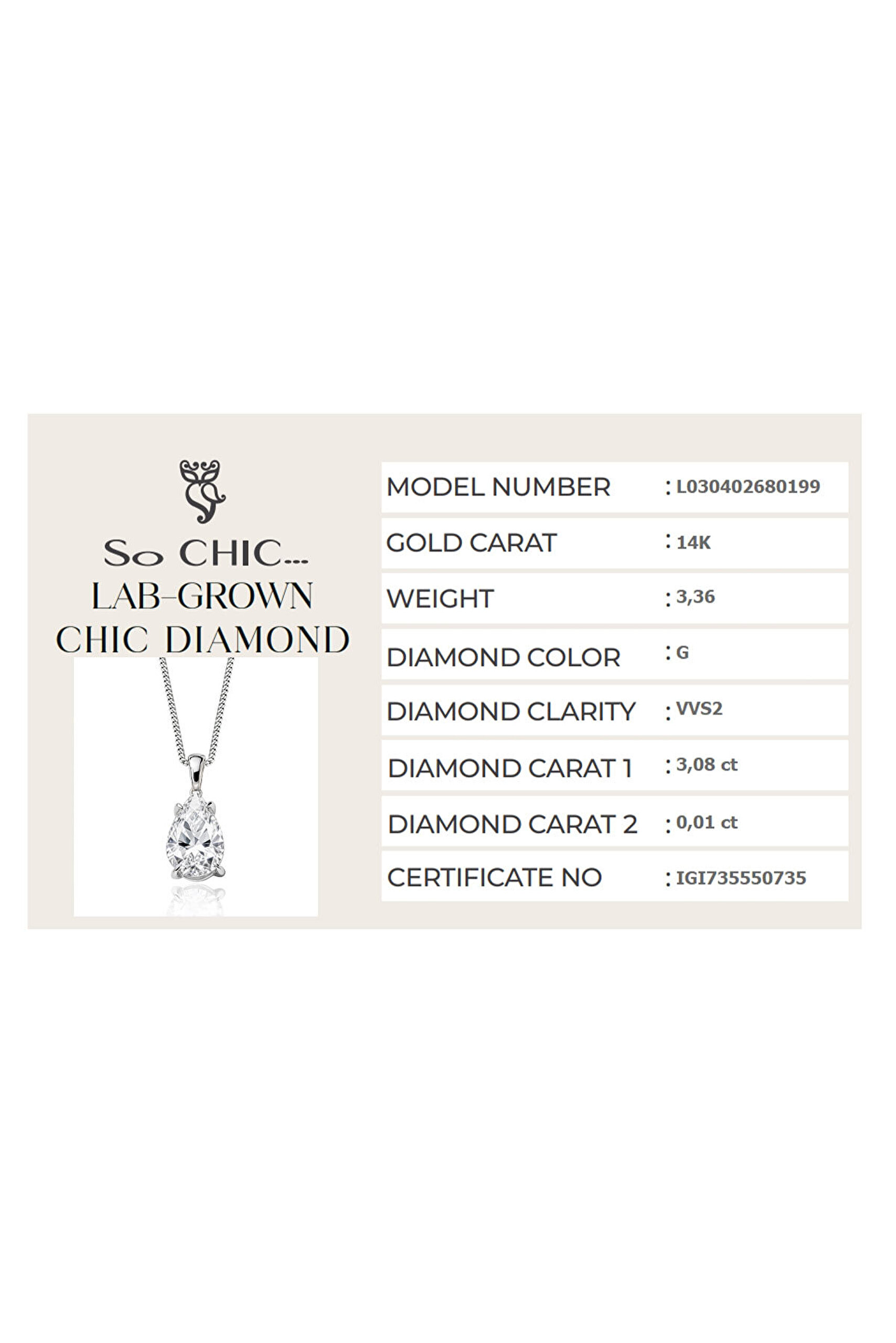 3.09 Karat IGI Sertifikalı 14K Beyaz Altın 43 Cm Damla Kesim Lab Grown Pırlanta Tektaş Kolye - 4