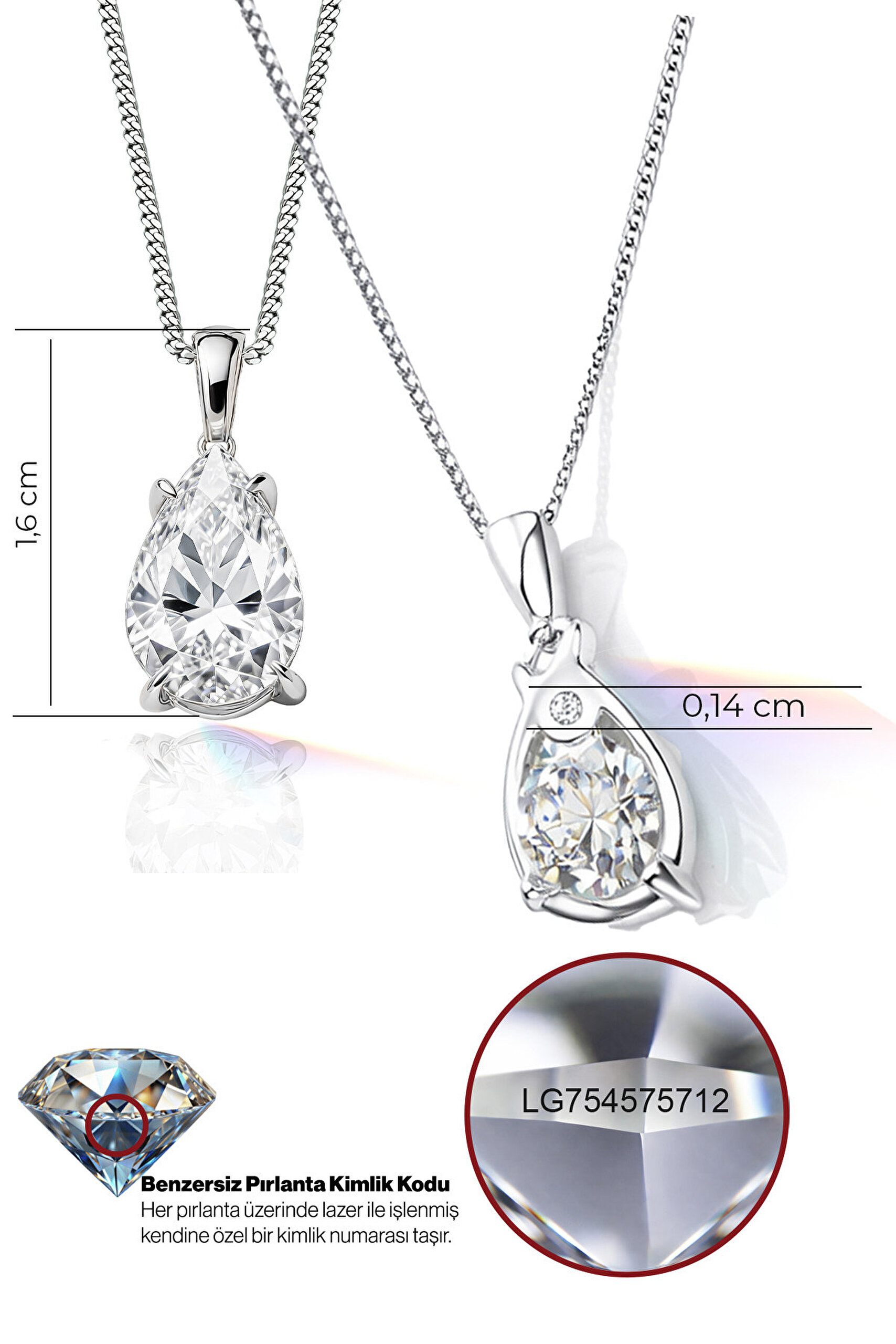 1.32 Karat IGI Sertifikalı 14K Beyaz Altın 43 Cm Damla Kesim Lab Grown Pırlanta Kolye - 2