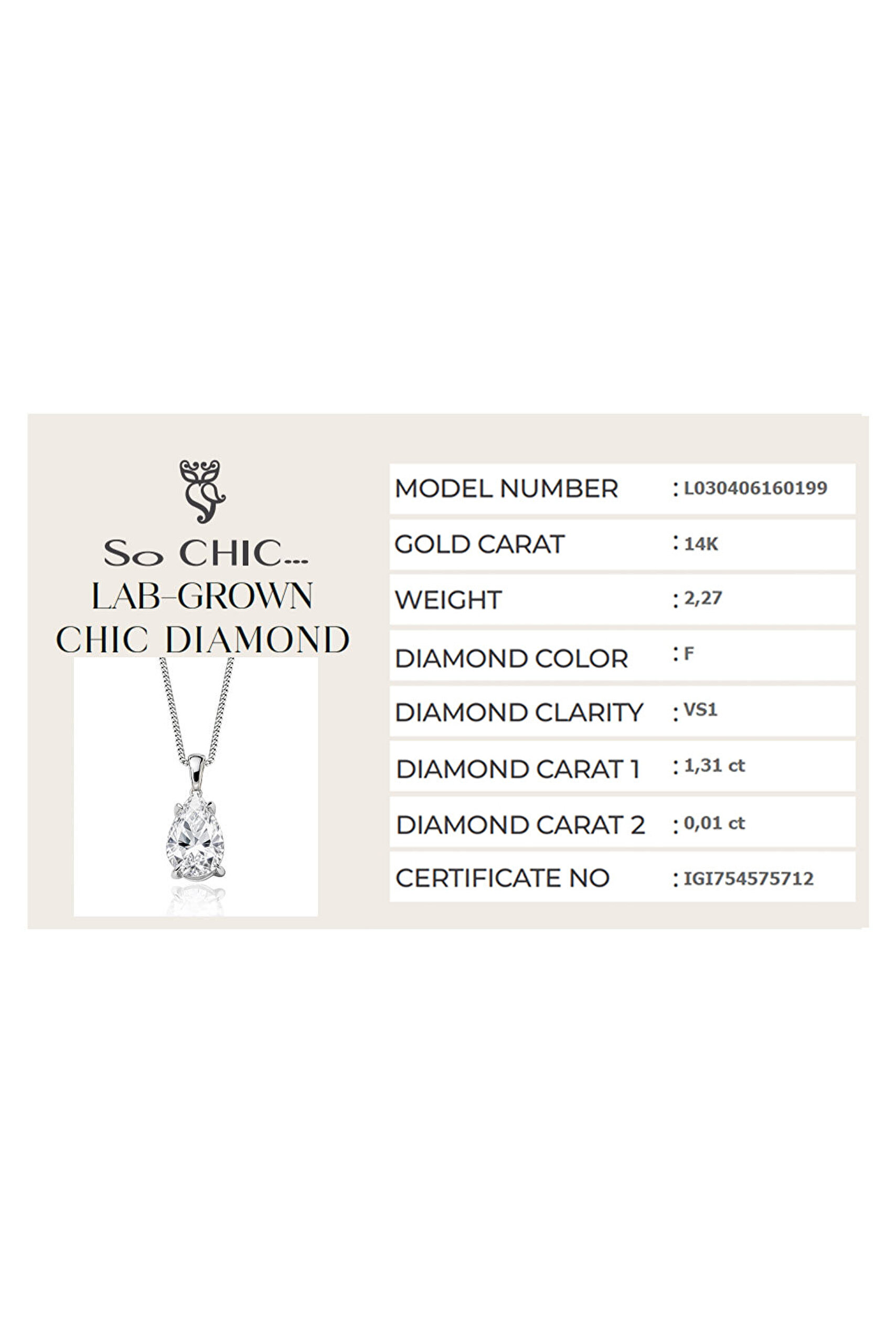 1.32 Karat IGI Sertifikalı 14K Beyaz Altın 43 Cm Damla Kesim Lab Grown Pırlanta Kolye - 5