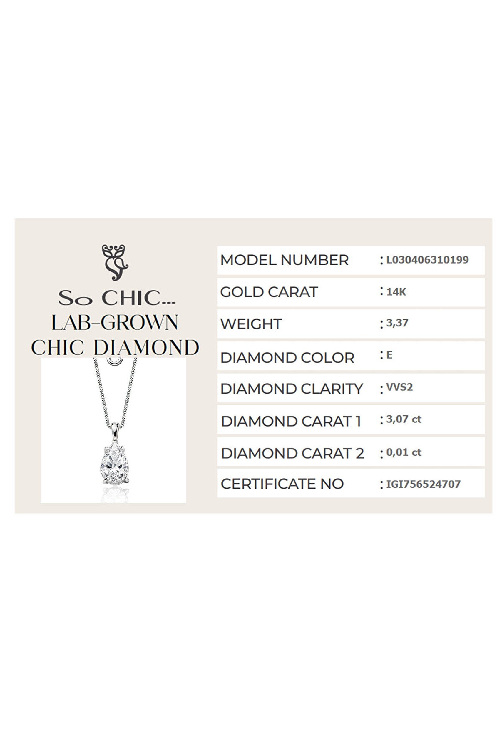 3.08 Karat IGI Sertifikalı 14K Beyaz Altın 43 Cm Damla Kesim Lab Grown Pırlanta Tektaş Kolye - 5