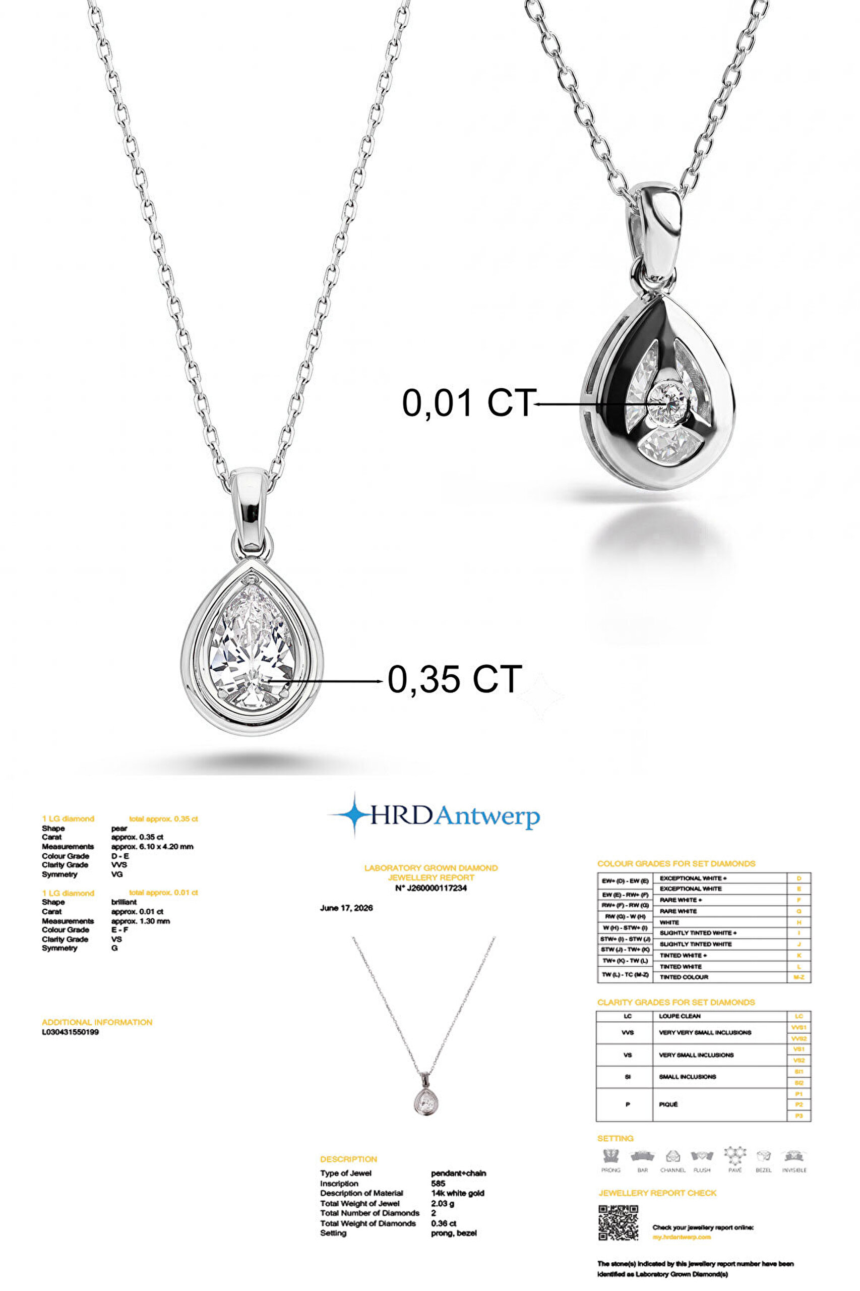 0.36 Karat HRD Sertifikalı Laboratuvar Üretimi Pırlanta Altın 43 Cm Kolye - 2