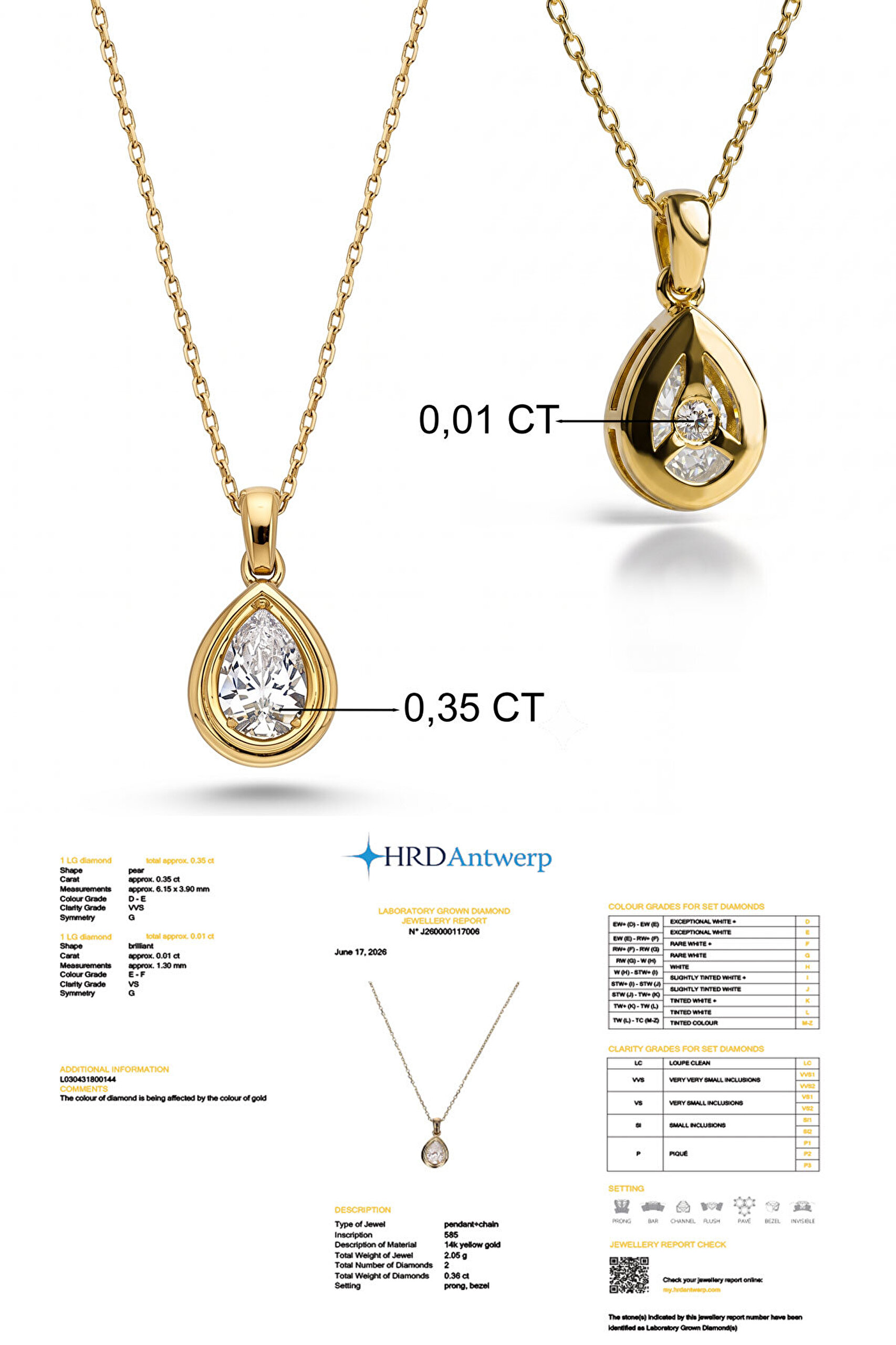 0.36 Karat HRD Sertifikalı Laboratuvar Üretimi Pırlanta Altın 43 Cm Kolye - 2