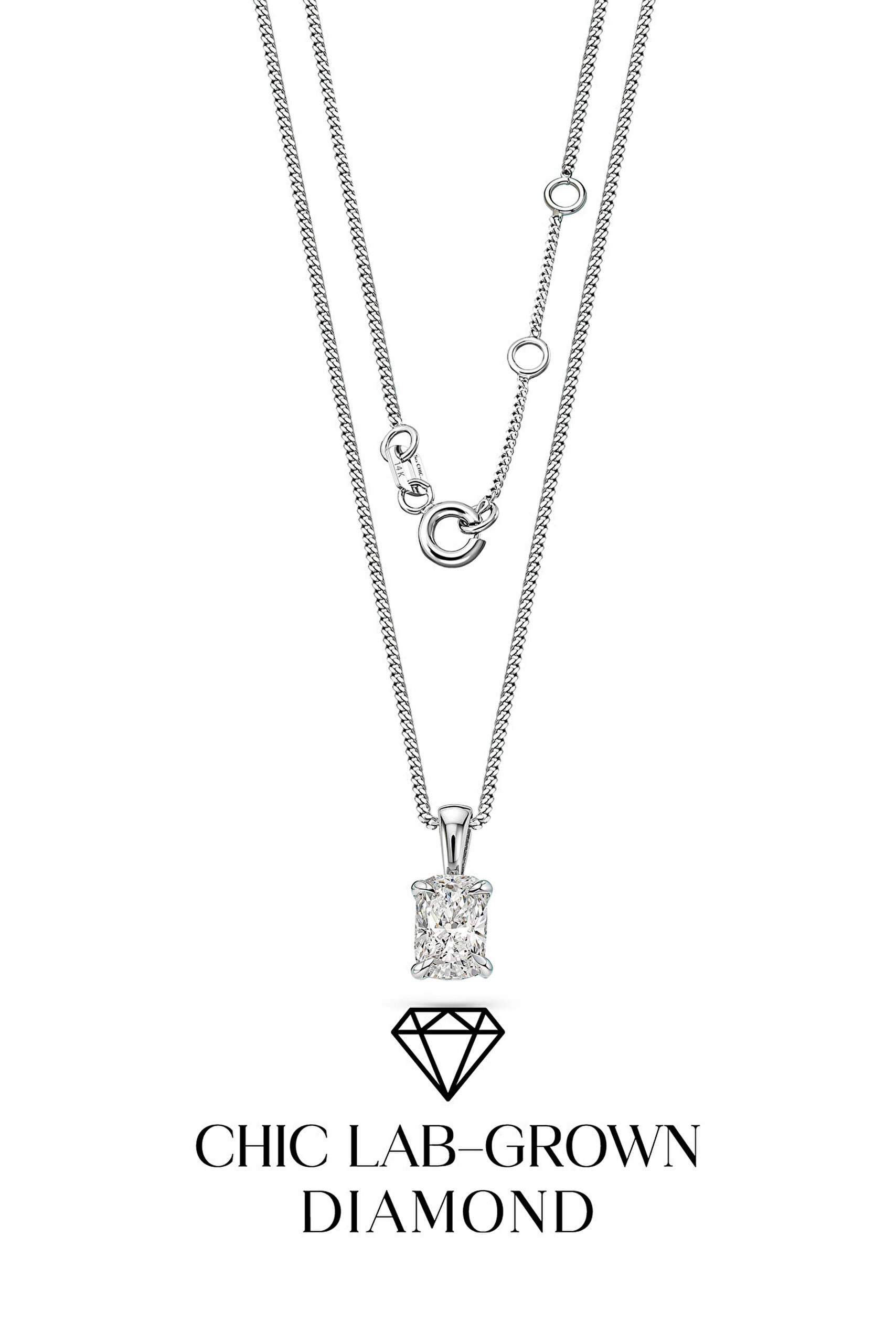 1.02 Karat IGI Sertifikalı 14K Beyaz Altın 43 Cm Cushion Kesim Lab Grown Pırlanta Tektaş Kolye - 0