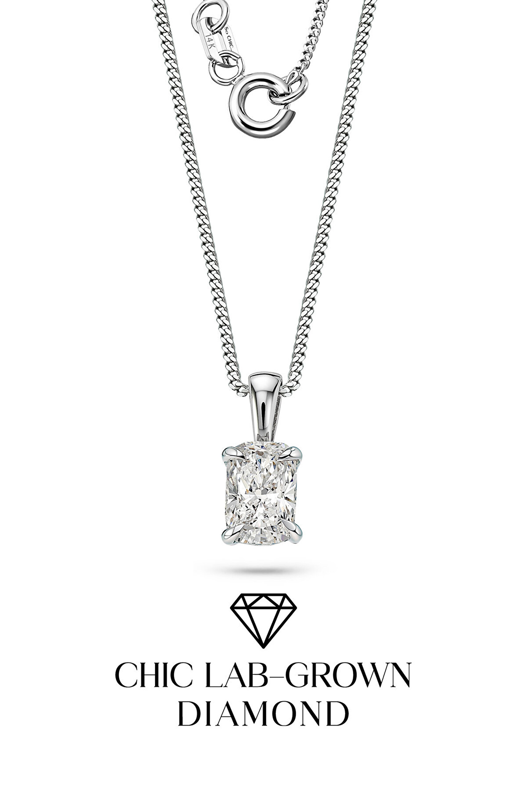 1.02 Karat IGI Sertifikalı 14K Beyaz Altın 43 Cm Cushion Kesim Lab Grown Pırlanta Tektaş Kolye - 4