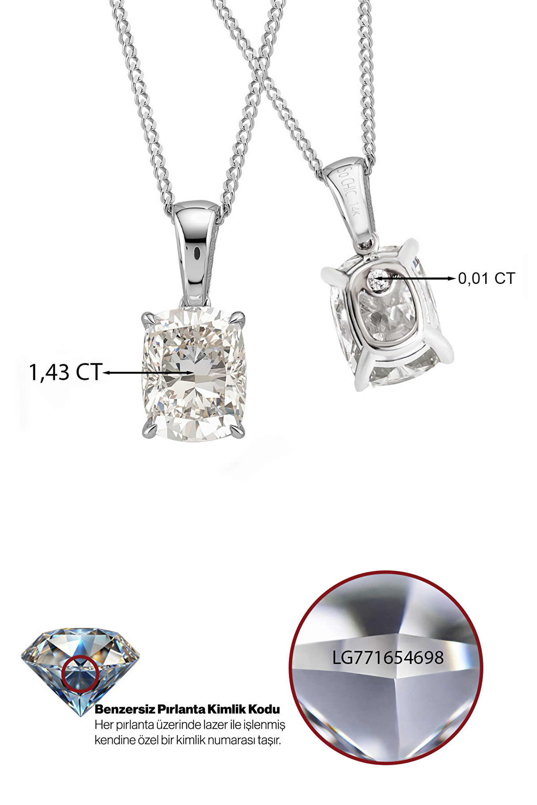 1.44 Karat IGI Sertifikalı 14K Beyaz Altın 43 Cm Cushion Kesim Lab Grown Pırlanta Kolye - 2