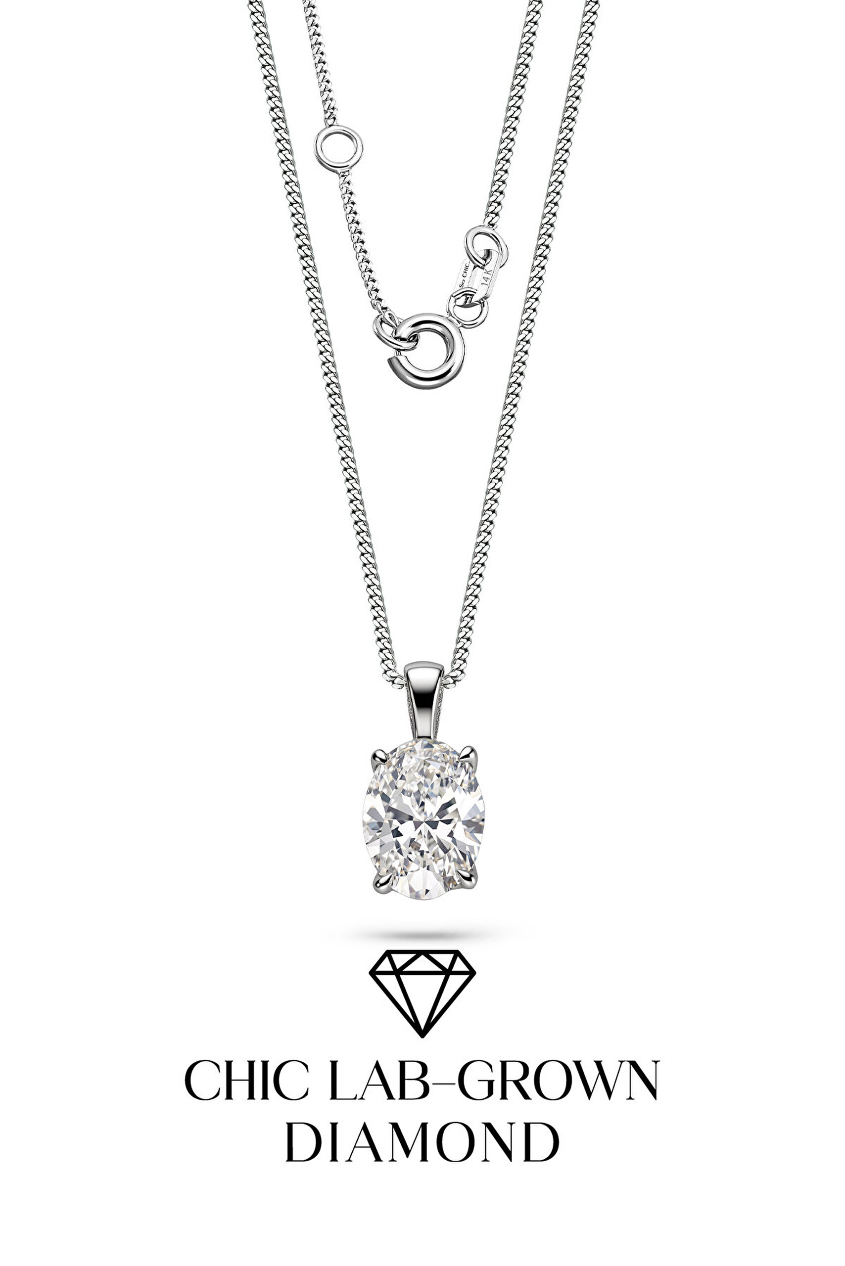 2.03 Karat IGI Sertifikalı 14K Beyaz Altın 43 Cm Oval Kesim Lab Grown Pırlanta Kolye - 0