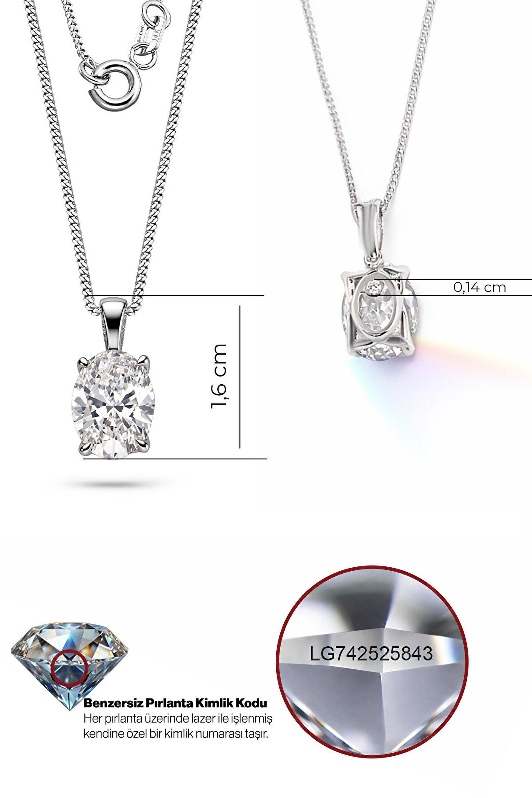 2.03 Karat IGI Sertifikalı 14K Beyaz Altın 43 Cm Oval Kesim Lab Grown Pırlanta Kolye - 2