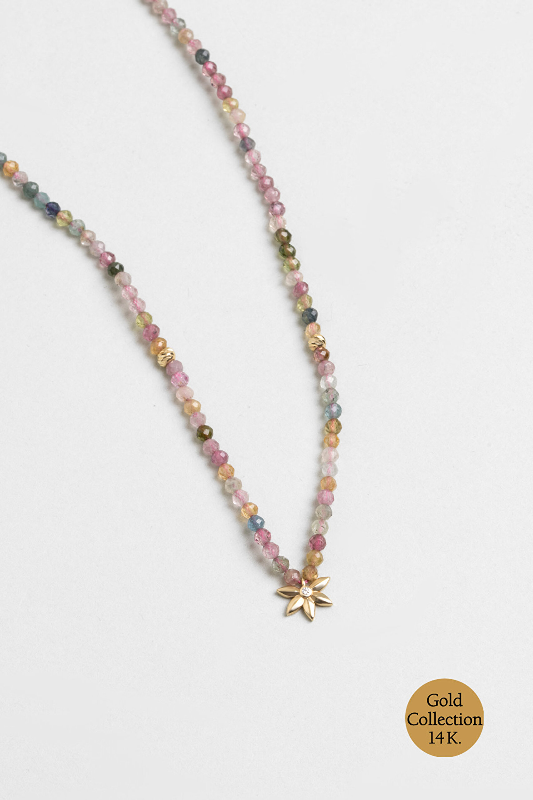 ⁠ Çiçek Figürlü Turmalin Taşlı 14 Ayar Altın Kolye_0}