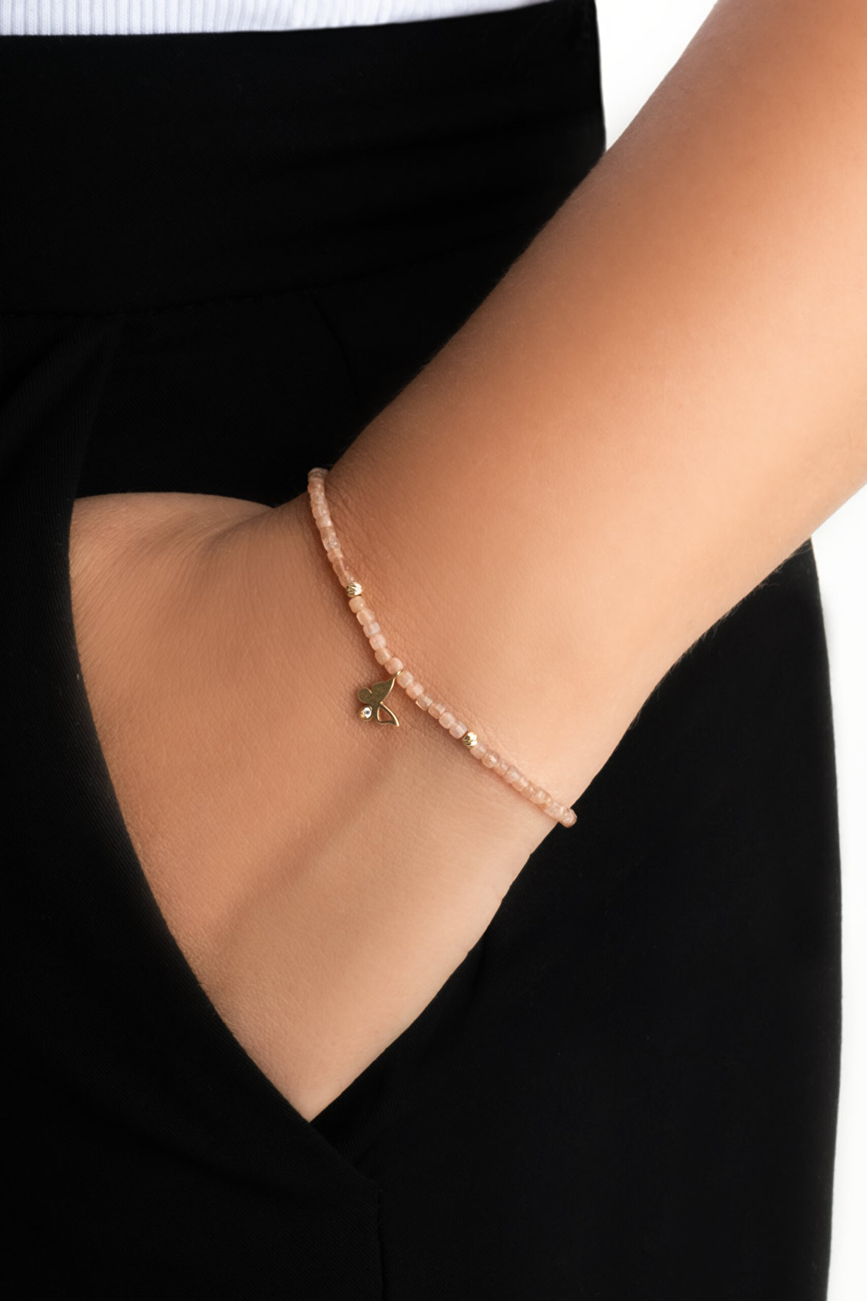 ⁠ Kelebek Figürlü Güneş Taşlı 14 Ayar Sarı Altın Bileklik_1}