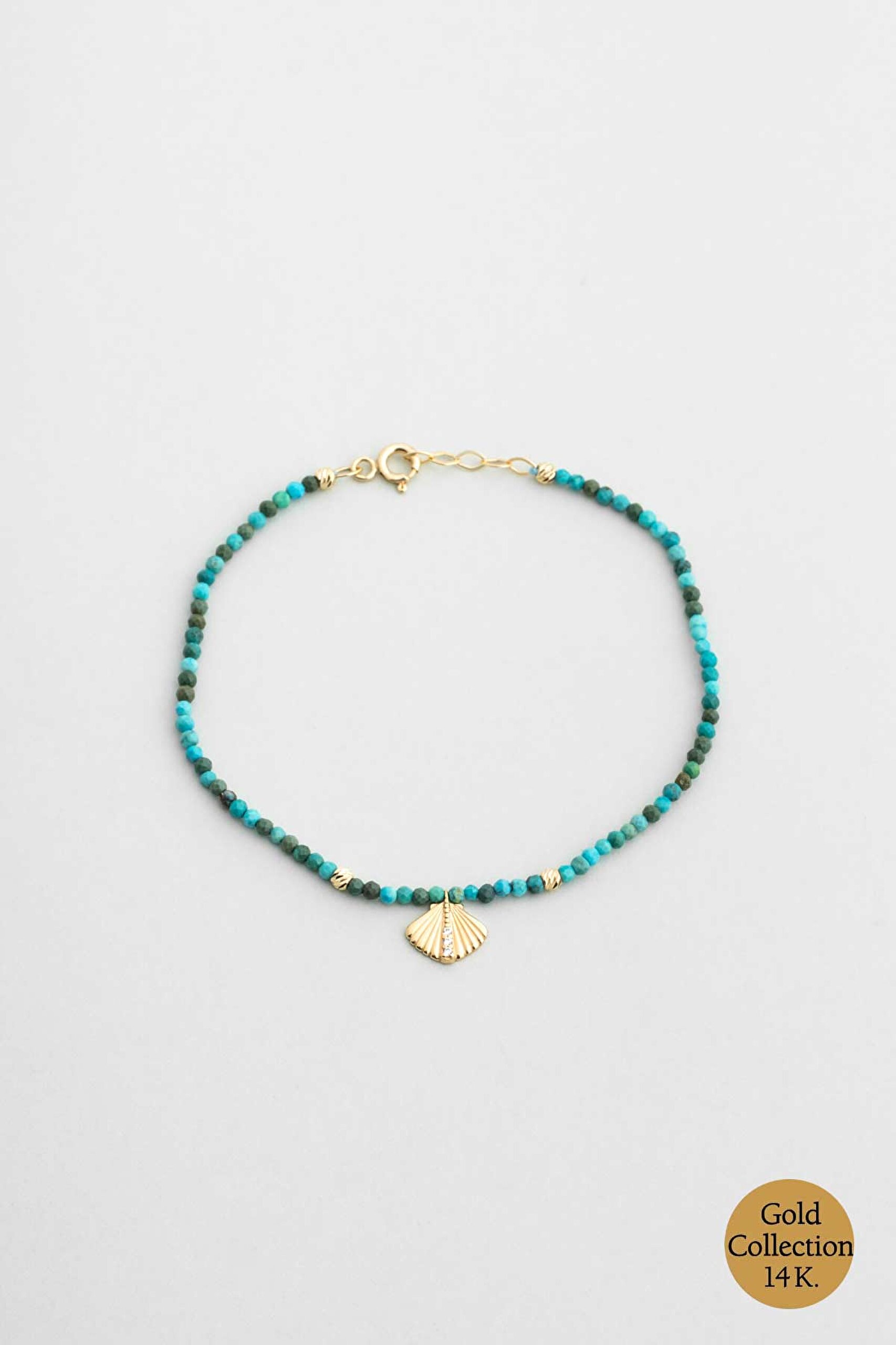 ⁠ Deniz Kabuğu Figürlü Turkuaz Taşlı 14 Ayar Altın Bileklik_0}