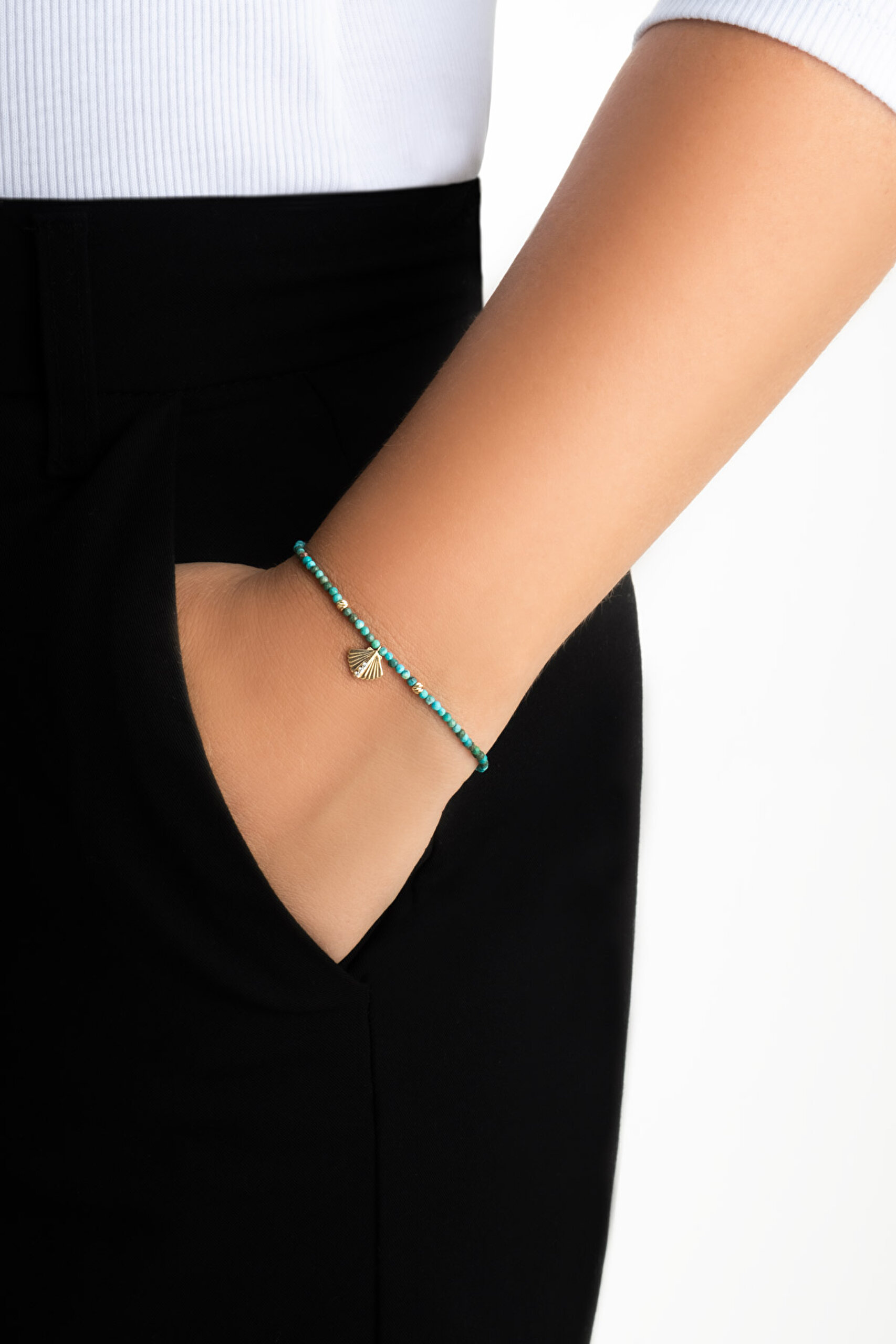 ⁠ Deniz Kabuğu Figürlü Turkuaz Taşlı 14 Ayar Altın Bileklik_3}