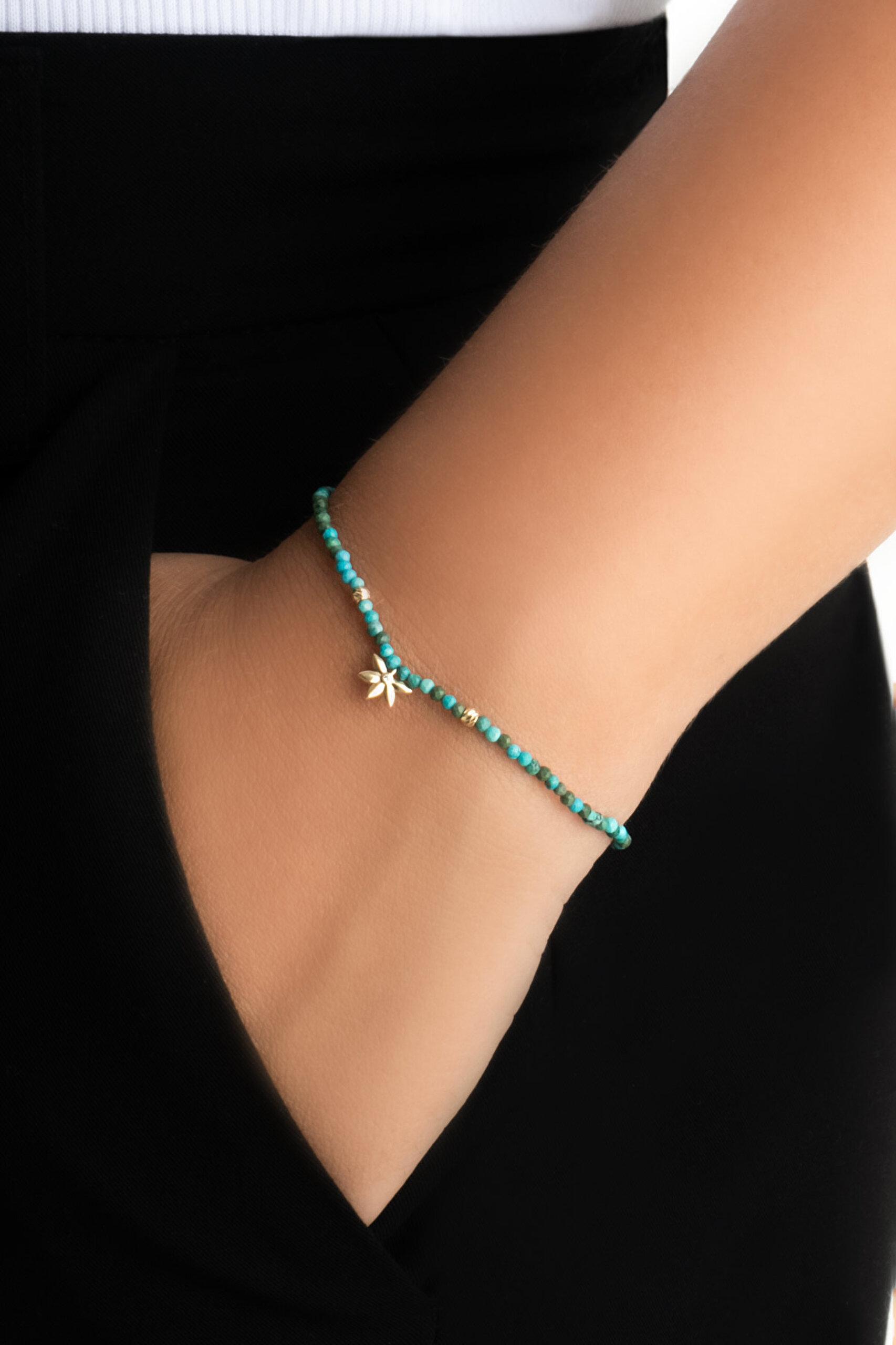 ⁠ Çiçek Figürlü Turkuaz Taşlı 14 Ayar Altın Bileklik_3}