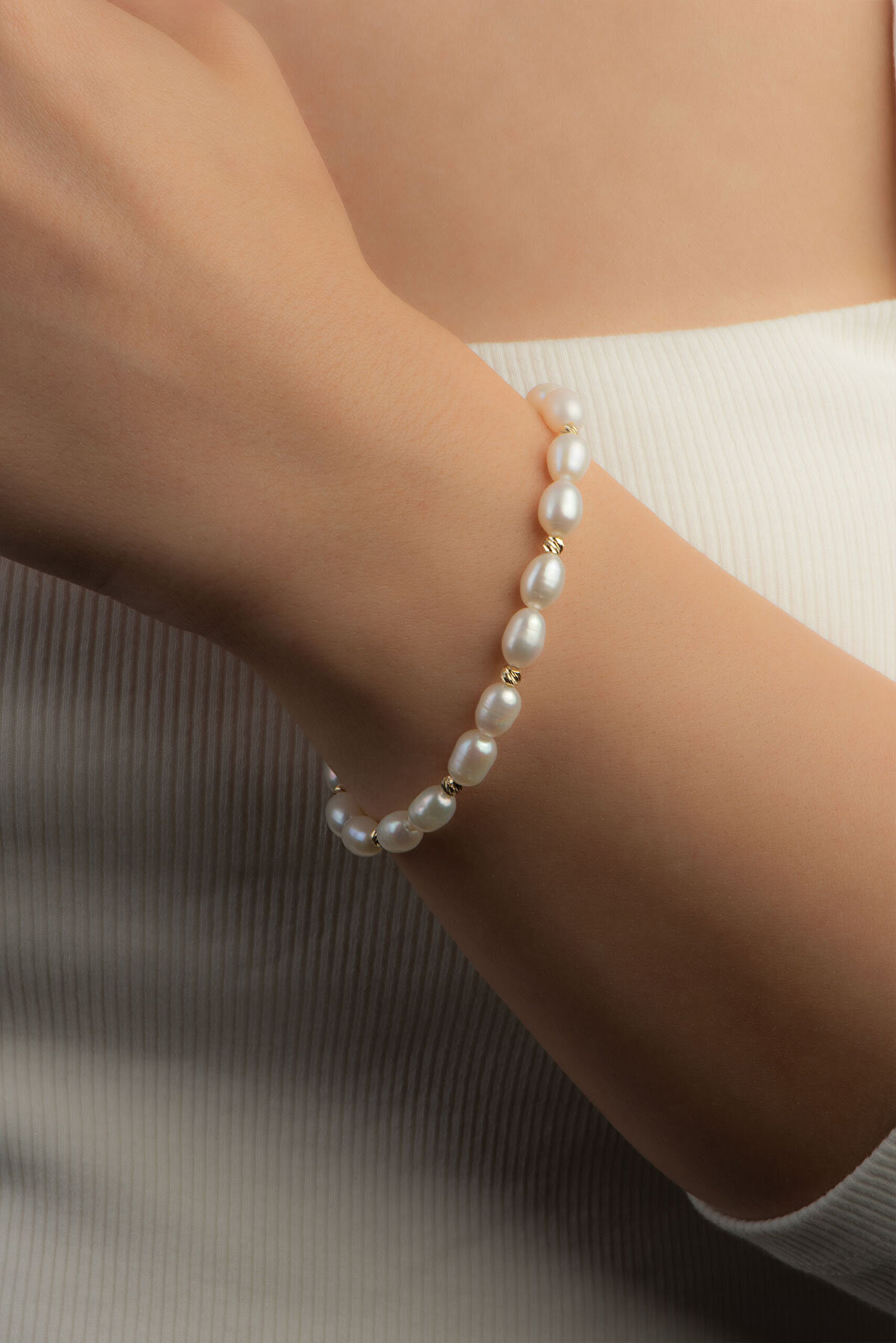 Doğal İnci Taşlı 14 Ayar Sarı Altın Bileklik - 1