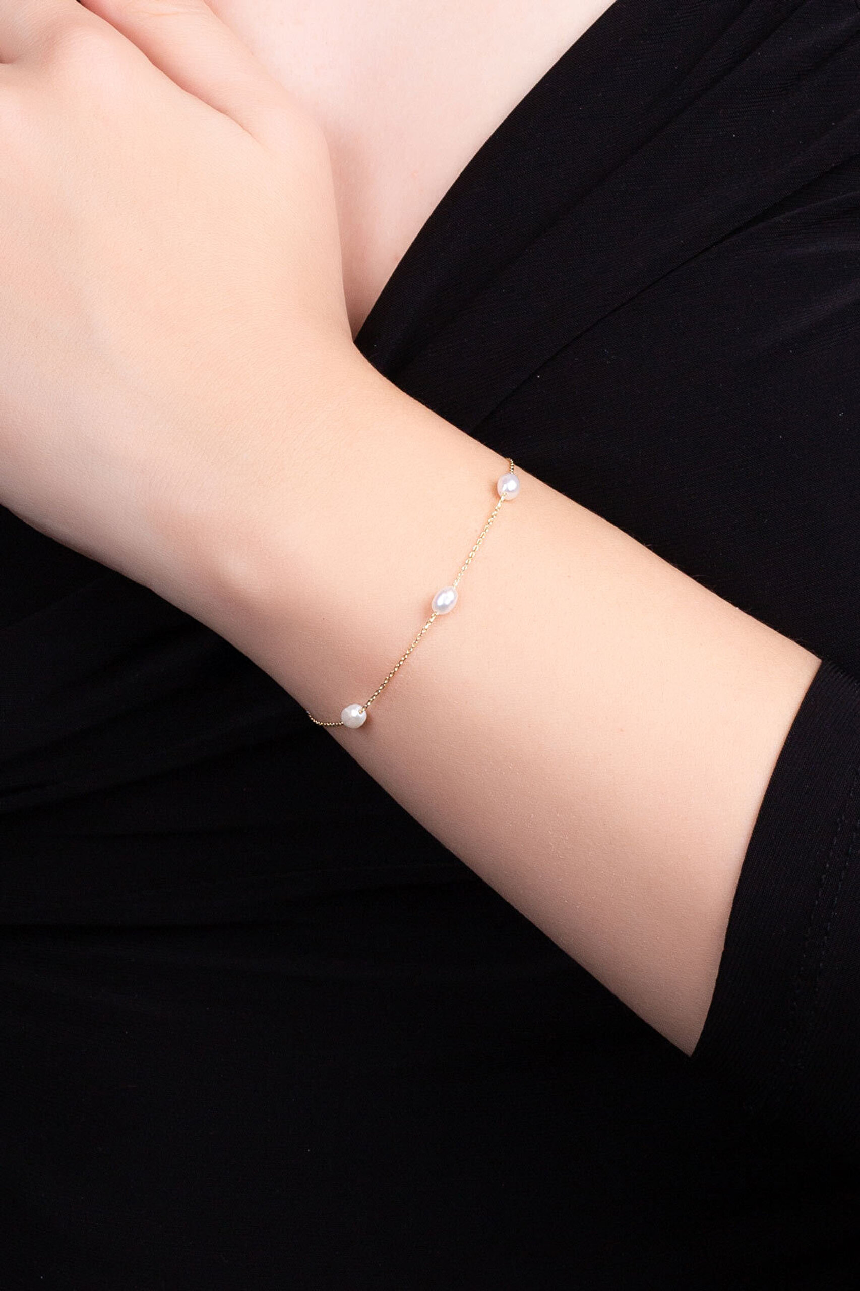 Doğal İnci Taşlı 14 Ayar 20 Cm Sarı Altın Bileklik - 1