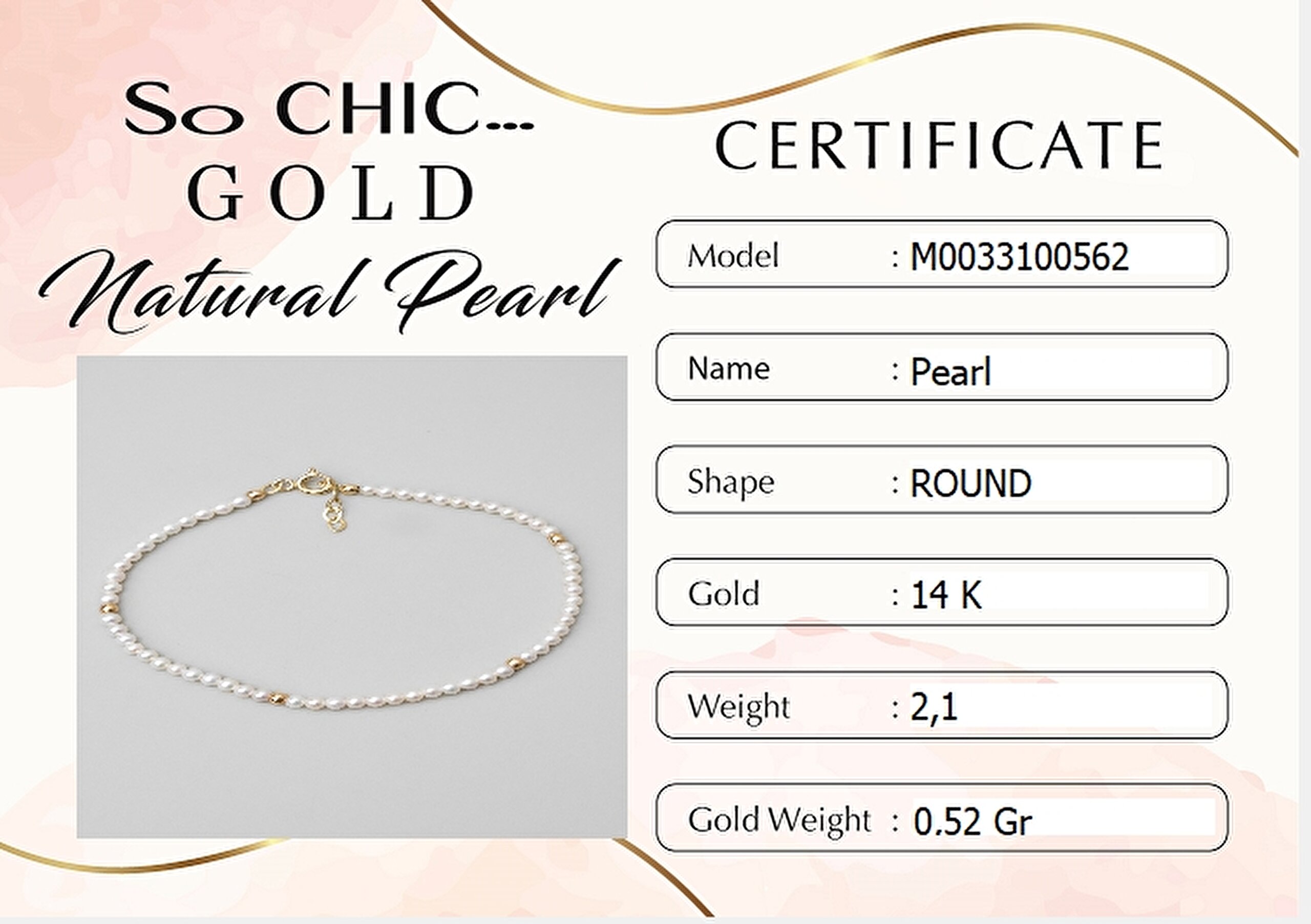 ⁠ Doğal İnci Taşlı 18 Cm 14 Ayar Sarı Altın Bileklik_5}