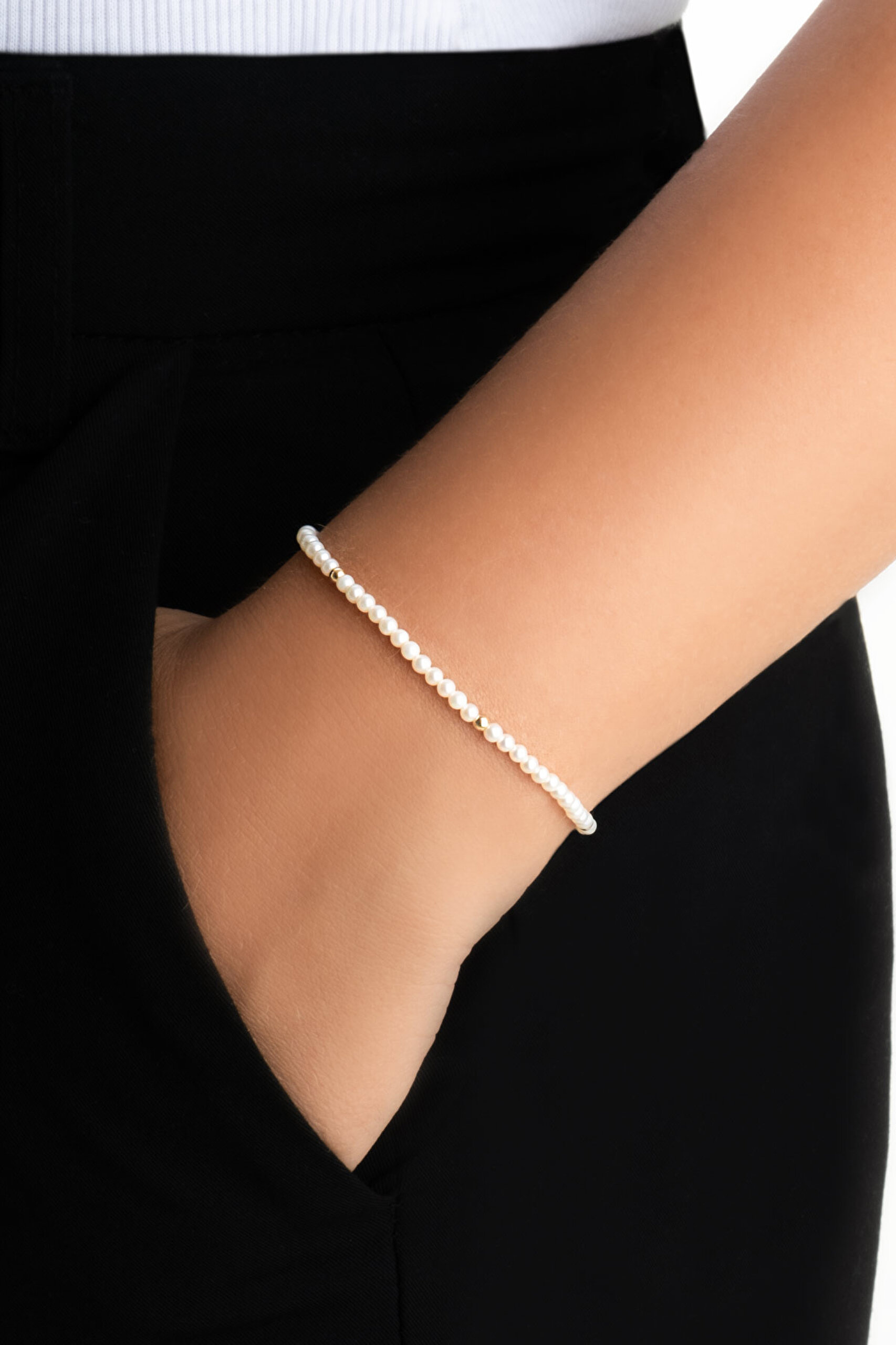 ⁠ Doğal İnci Taşlı 18 Cm 14 Ayar Sarı Altın Bileklik_1}