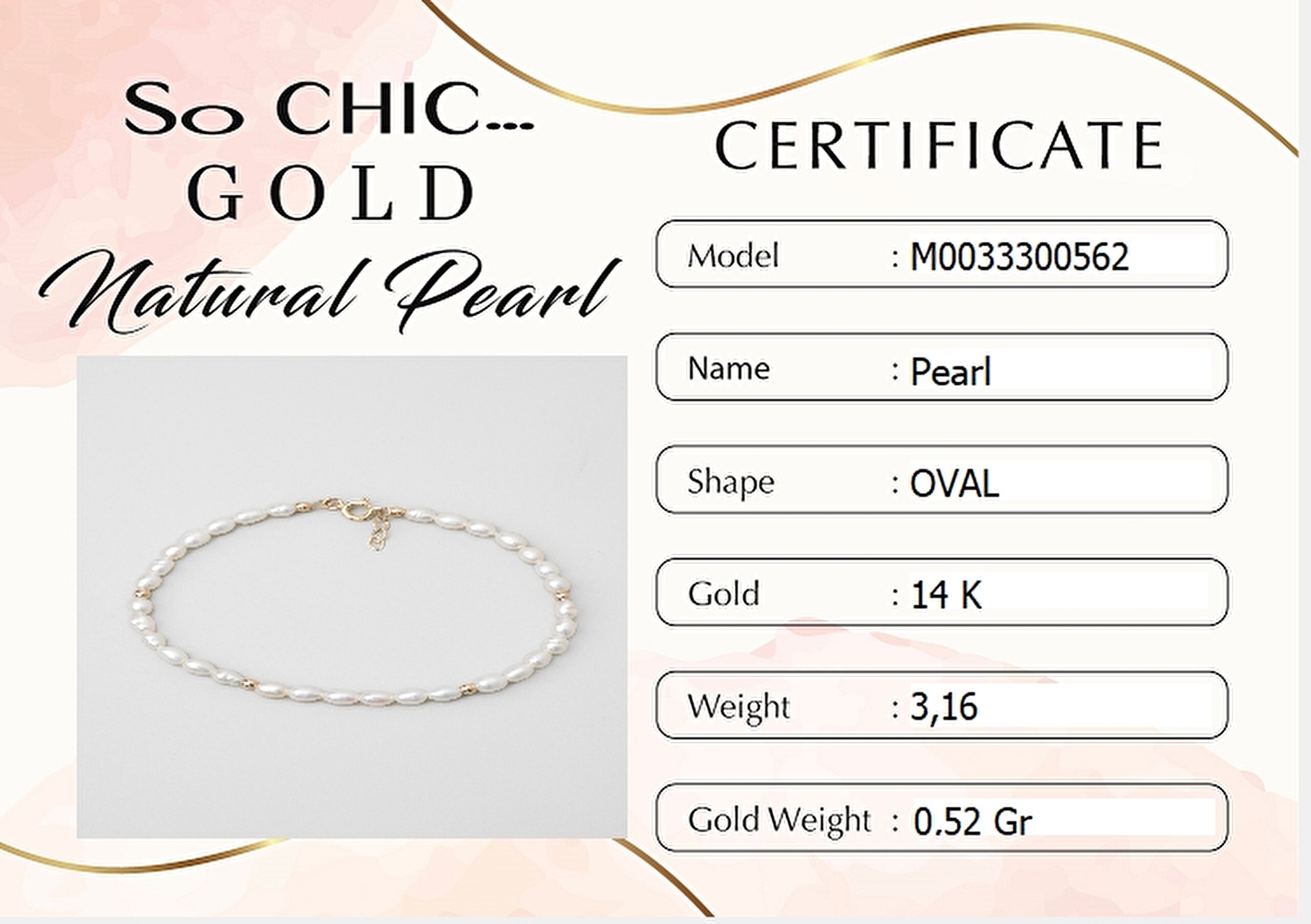 ⁠ Doğal İnci Taşlı 18 Cm 14 Ayar Sarı Altın Bileklik_5}