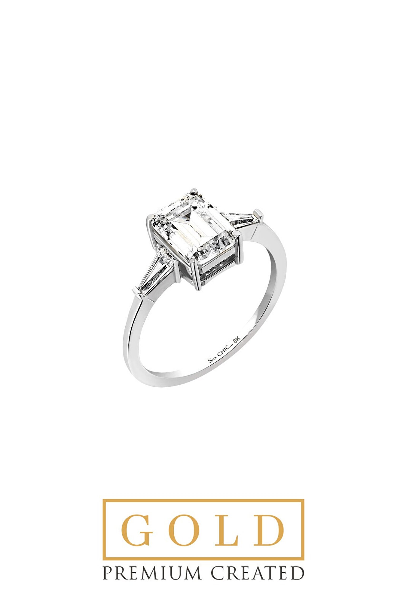 ⁠ Beyaz Altın Sertifikalı Premium Created Taşlı Emerald Kesim Tektaş Yüzük_0}