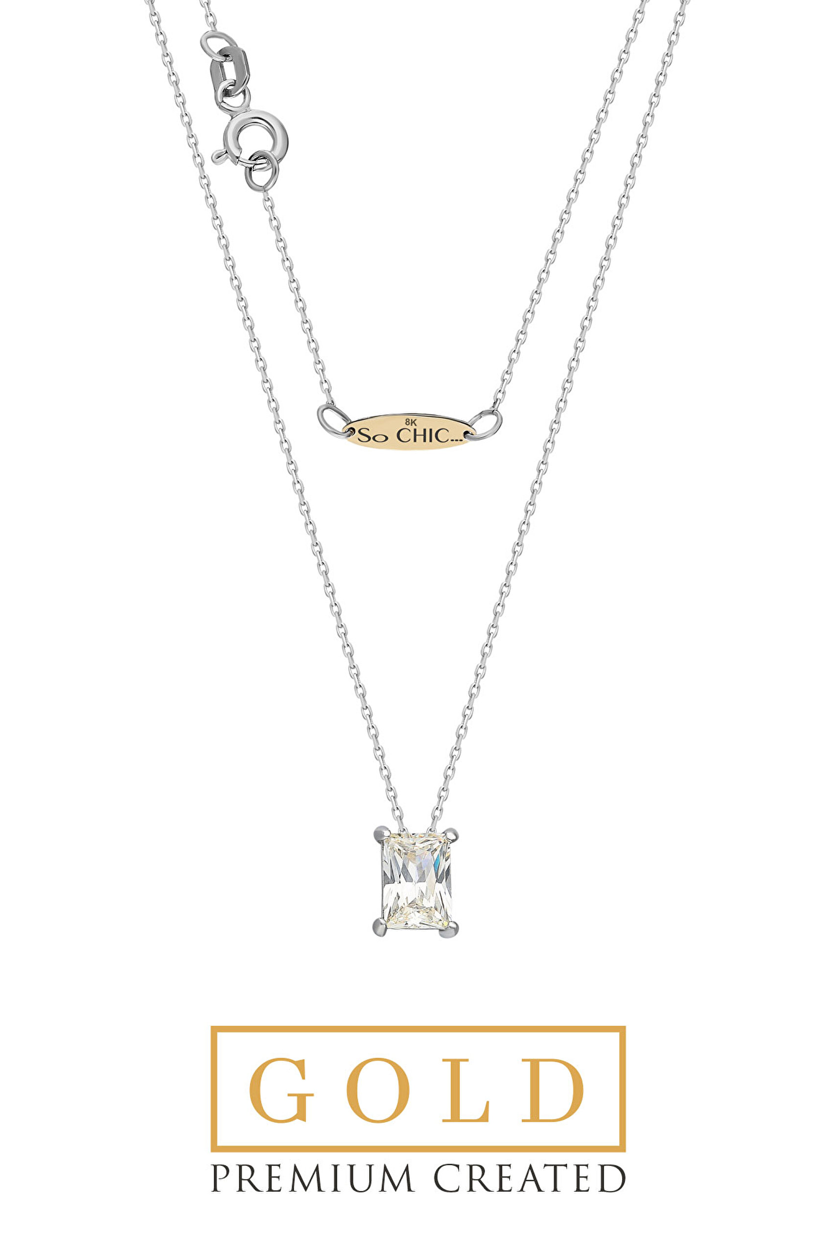 ⁠ Beyaz Altın Sertifikalı Premium Created 0.85 Ct Effect Baget Tektaş Kolye
_0}