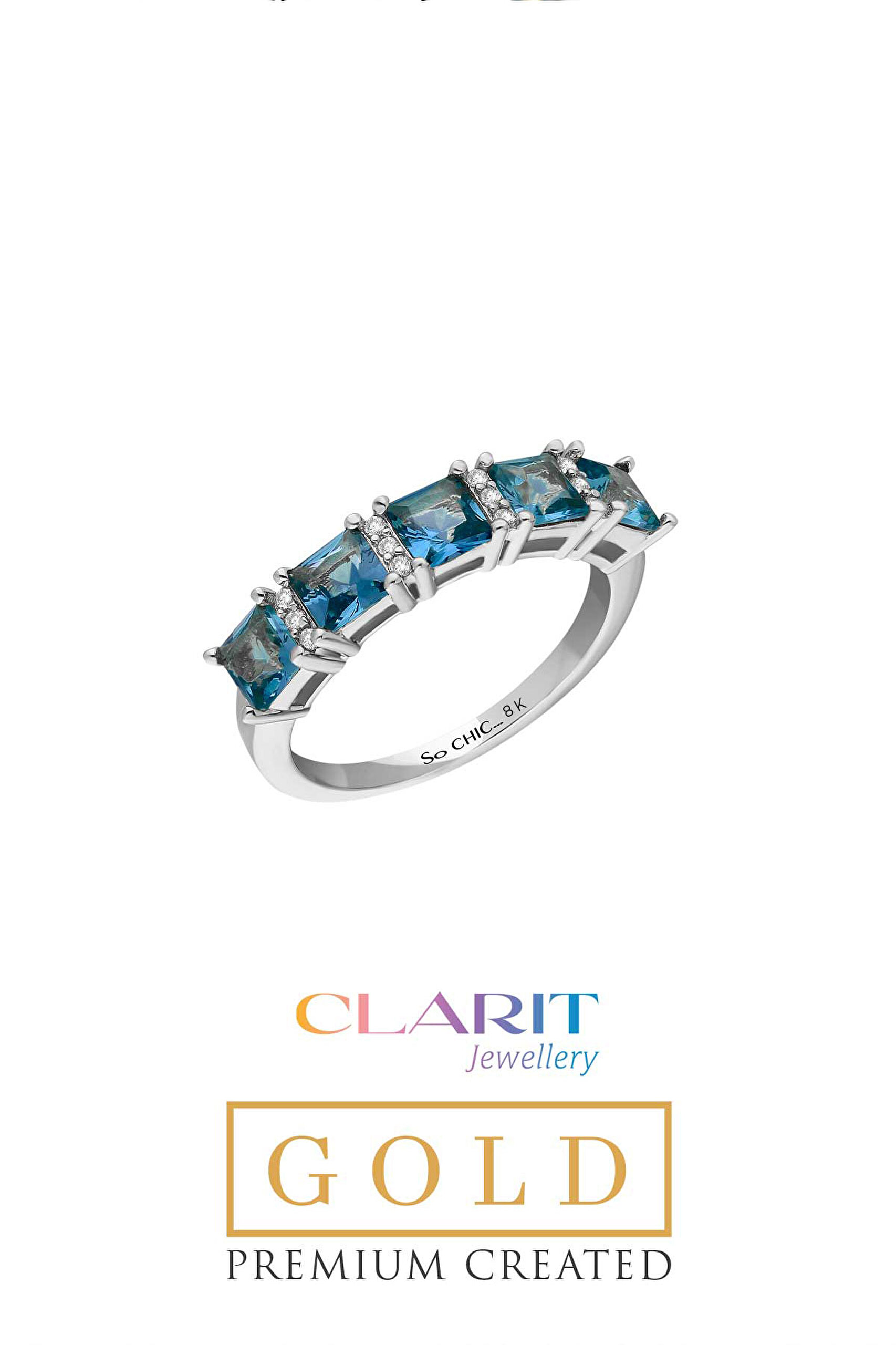 ⁠ Aquamarine Taşlı Clarit Serisi 8 Ayar Beyaz Altın Beştaş Yüzük_0}