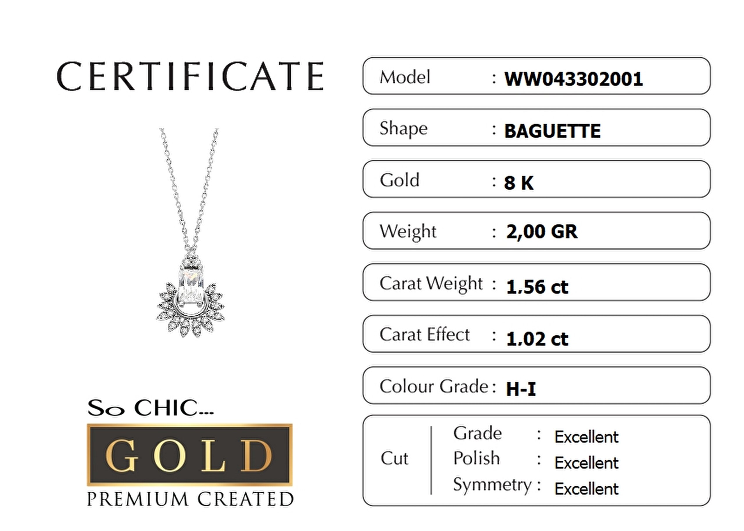 ⁠ Beyaz Altın Sertifikalı Premium Created Baget Taşlı Kolye
_1}