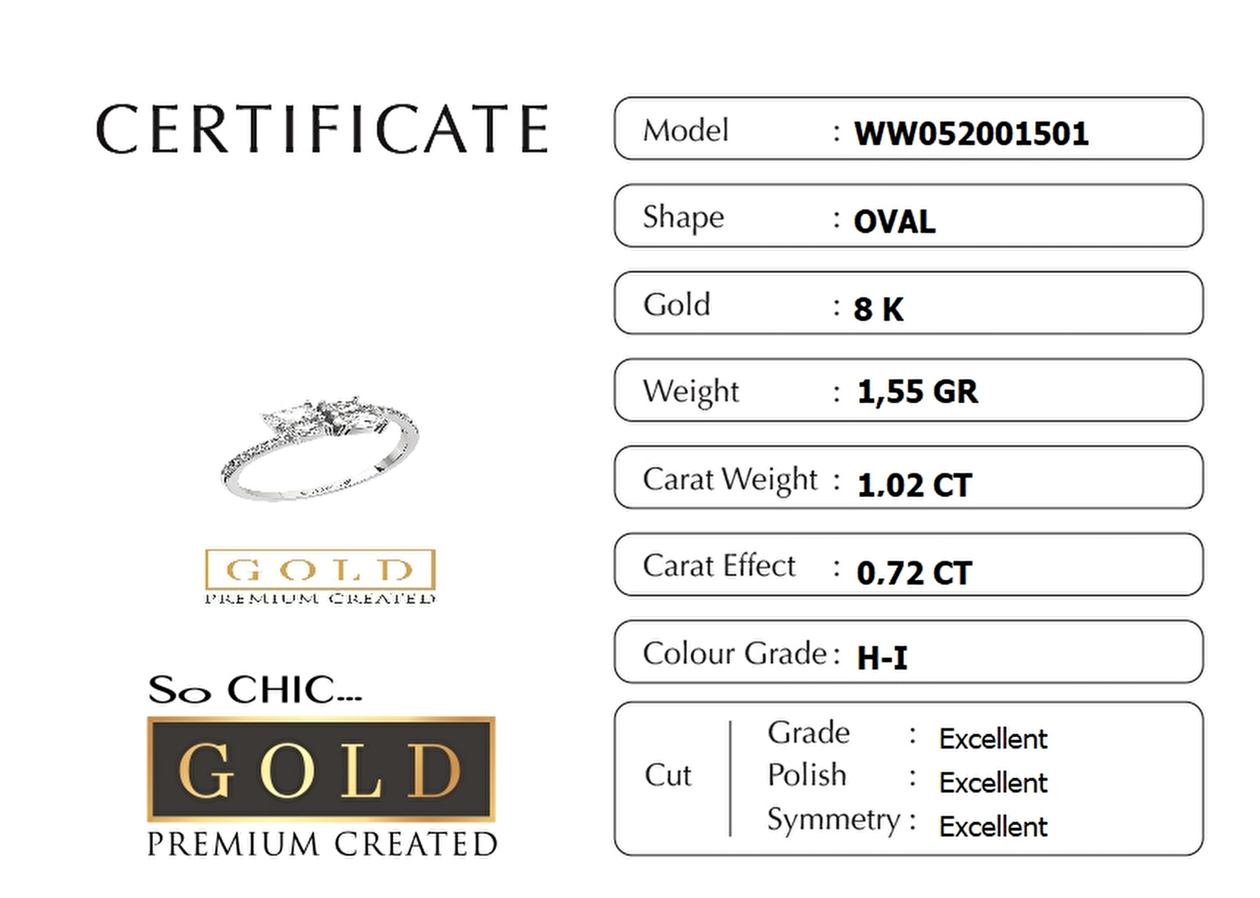 ⁠ 8 Ayar Beyaz Altın Sertifikalı Premium Created Taşlı Oval Tektaş Yüzük_1}