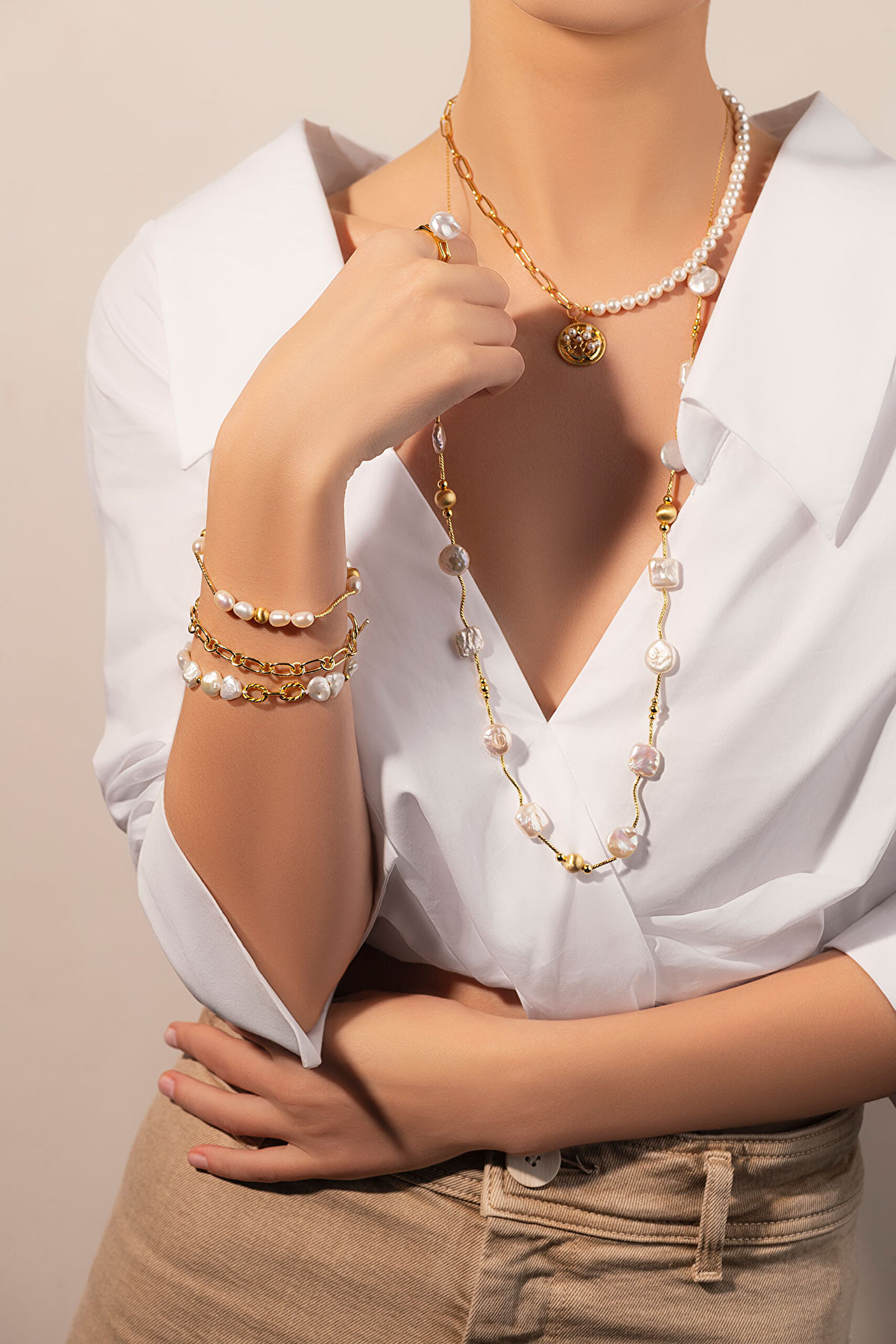 ⁠ Hayat Ağacı 18 Ayar Sarı Altın Kaplama 45 Cm Gümüş PearlShine İnci Kolye_1}