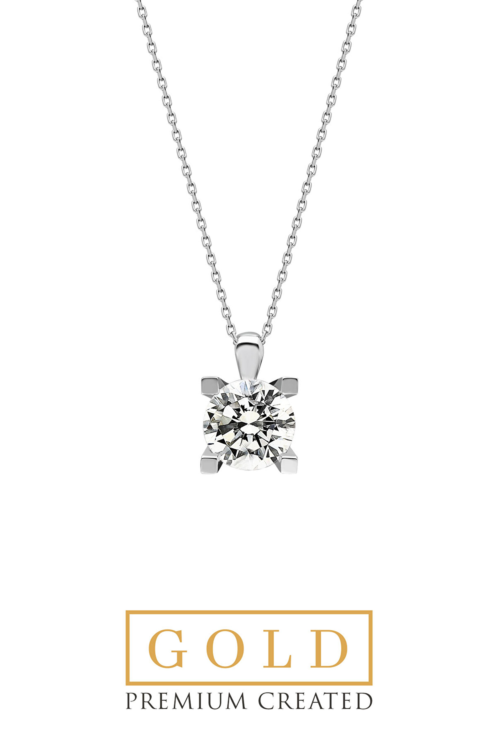 ⁠ Beyaz Altın Sertifikalı Premium Created Taşlı 1.50 CT Effect Tektaş Kolye_0}