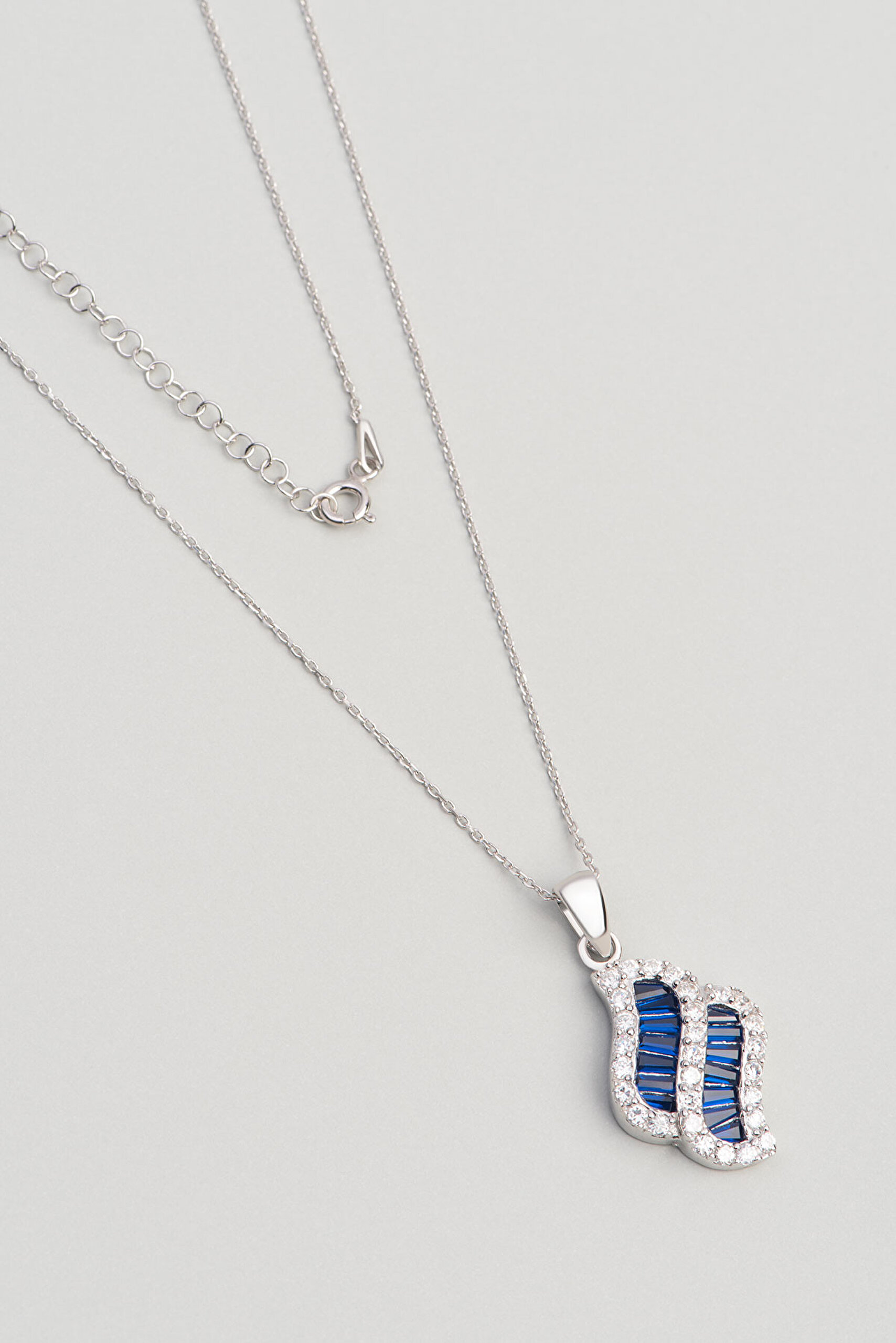 Safir Renkli Taşlı 18 Ayar Beyaz Altın Kaplama 43 Cm Gümüş Kolye