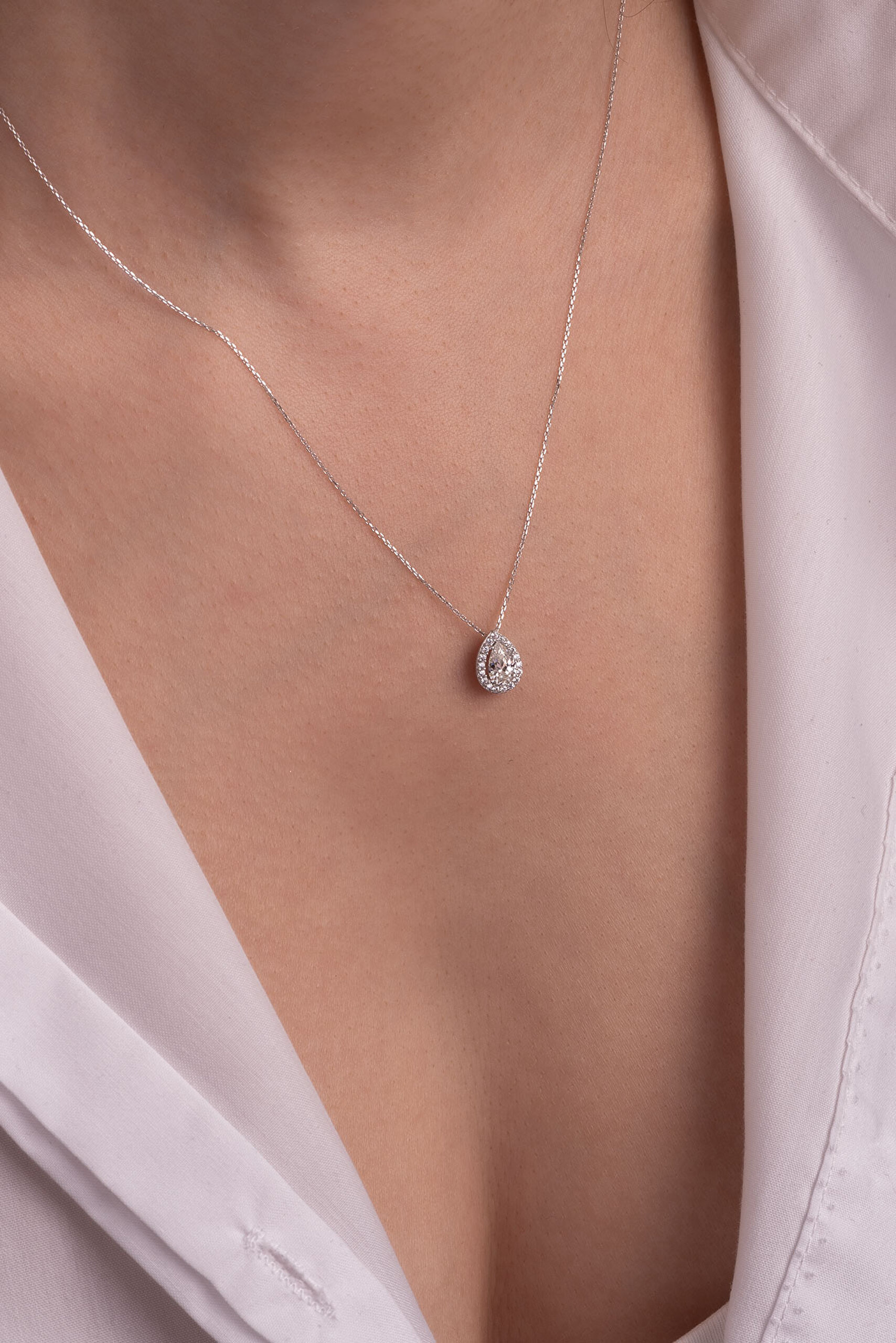 ⁠ Beyaz Altın Sertifikalı Premium Created Damla Taşlı  0.57 Ct Effect Tektaş Kolye_0}