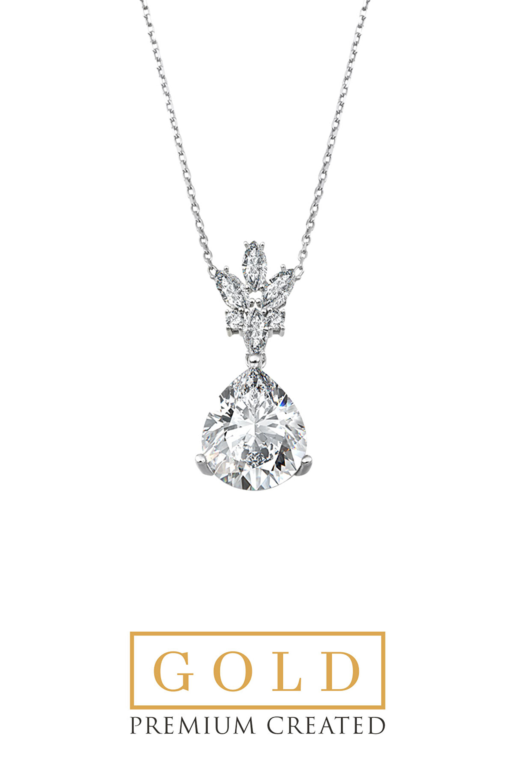 ⁠ Beyaz Altın Sertifikalı Premium Created Damla Taşlı 5.06 CT Effect Tektaş Kolye_0}
