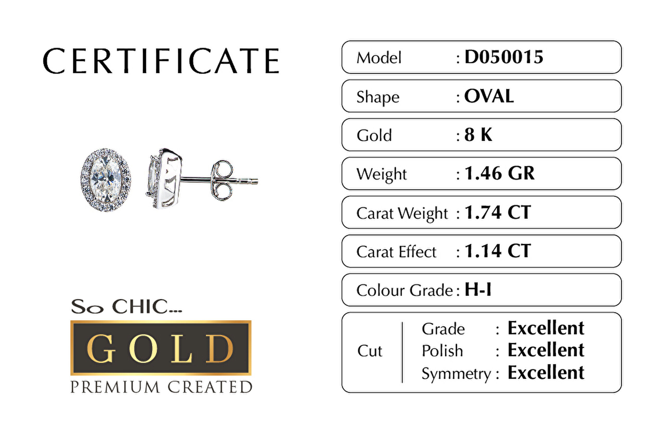 ⁠ Beyaz Altın Sertifikalı Premium Created Taşlı Oval Tektaş Küpe_1}