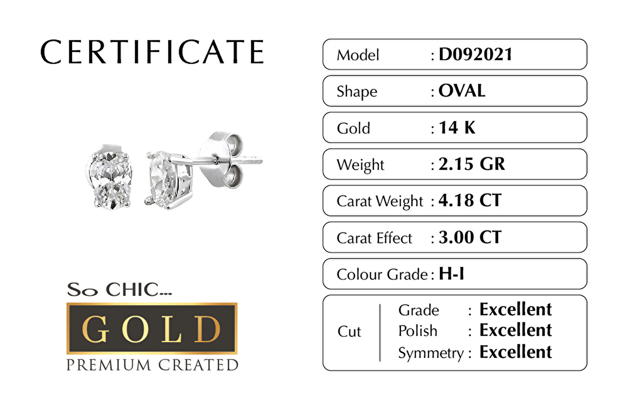 ⁠ Beyaz Altın Sertifikalı Premium Created Taşlı 3.00 CT Effect Oval Tektaş Küpe_1}
