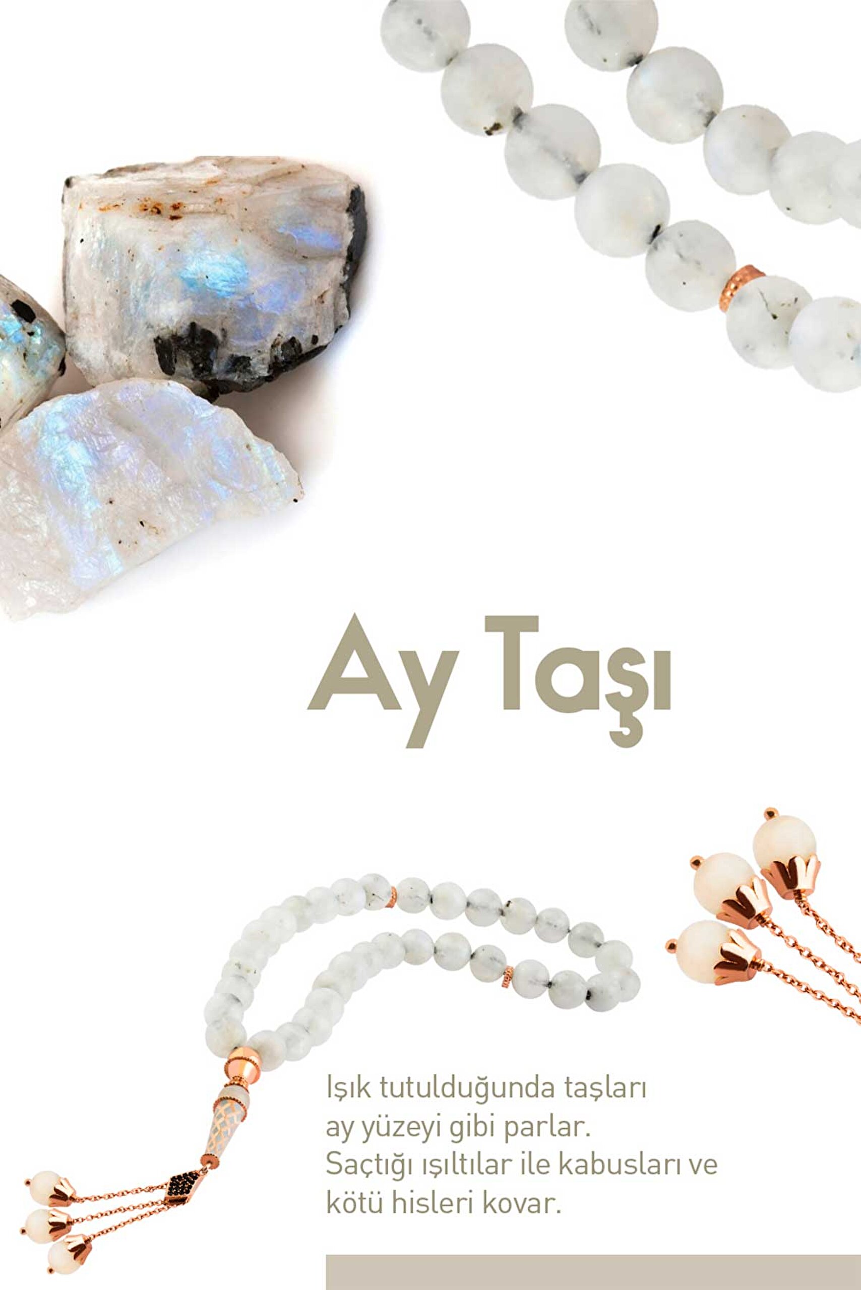 ⁠ Ay Taşlı 18 Ayar Beyaz Altın Kaplama Gümüş 22 Cm Tespih_1}