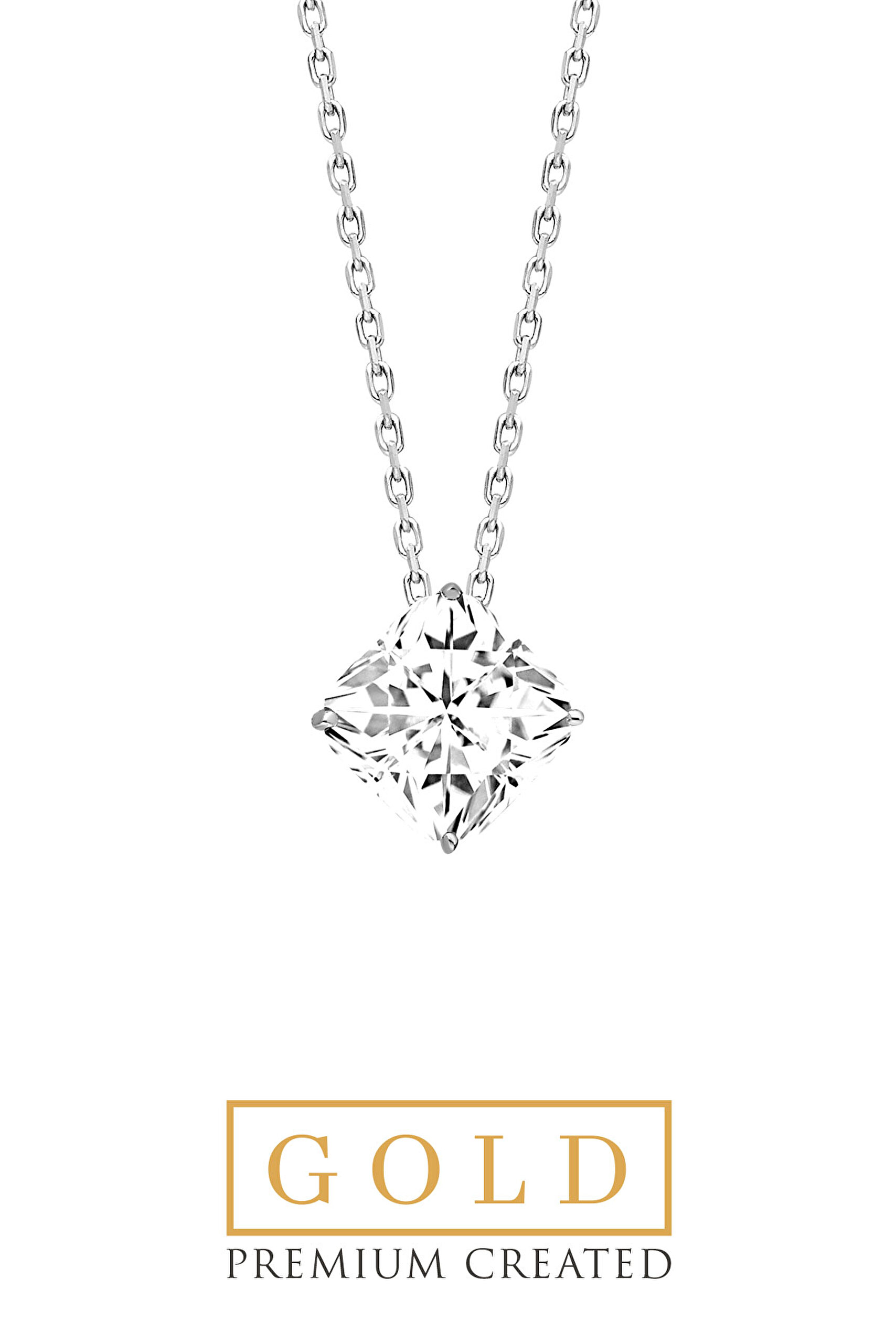 ⁠ Beyaz Altın Sertifikalı Premium Created Taşlı 42 Cm Asscher Kesim Tektaş Kolye_0}