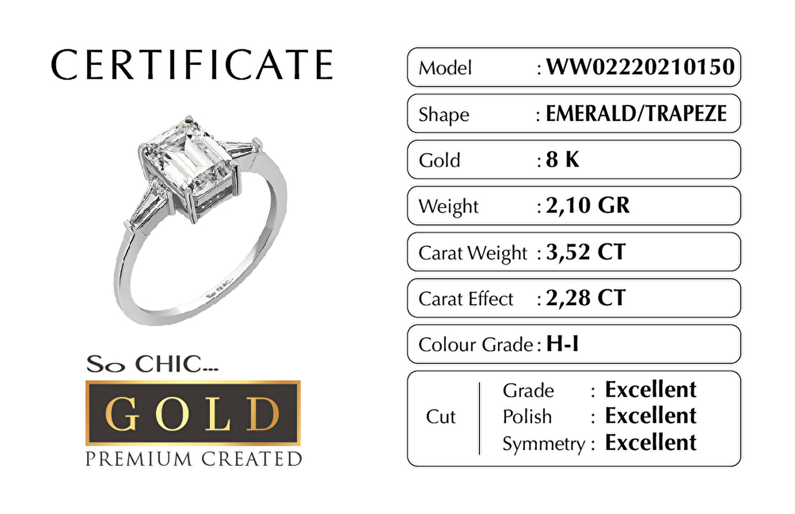 ⁠ Beyaz Altın Sertifikalı Premium Created Taşlı Emerald Kesim Tektaş Yüzük_3}